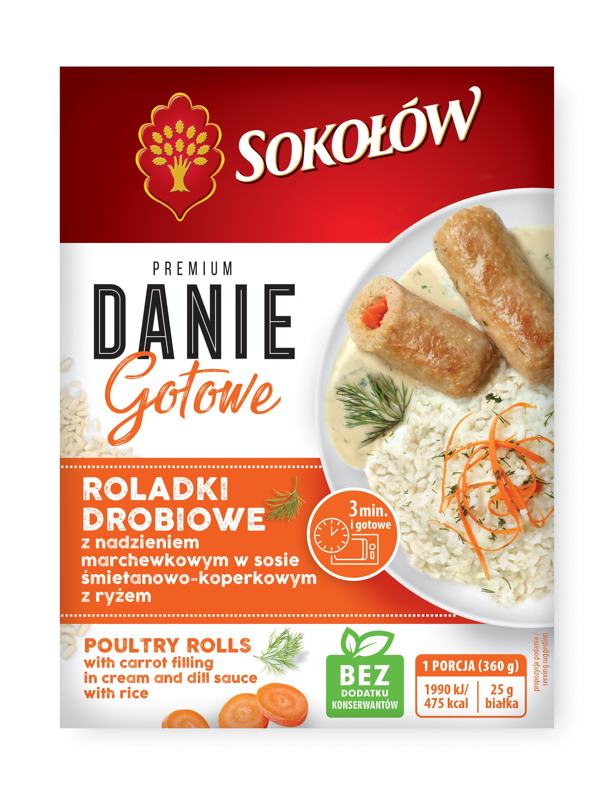 Roladki drobiowe z nadzieniem marchewkowym w sosie śmietanowo koperkowym z ryżem