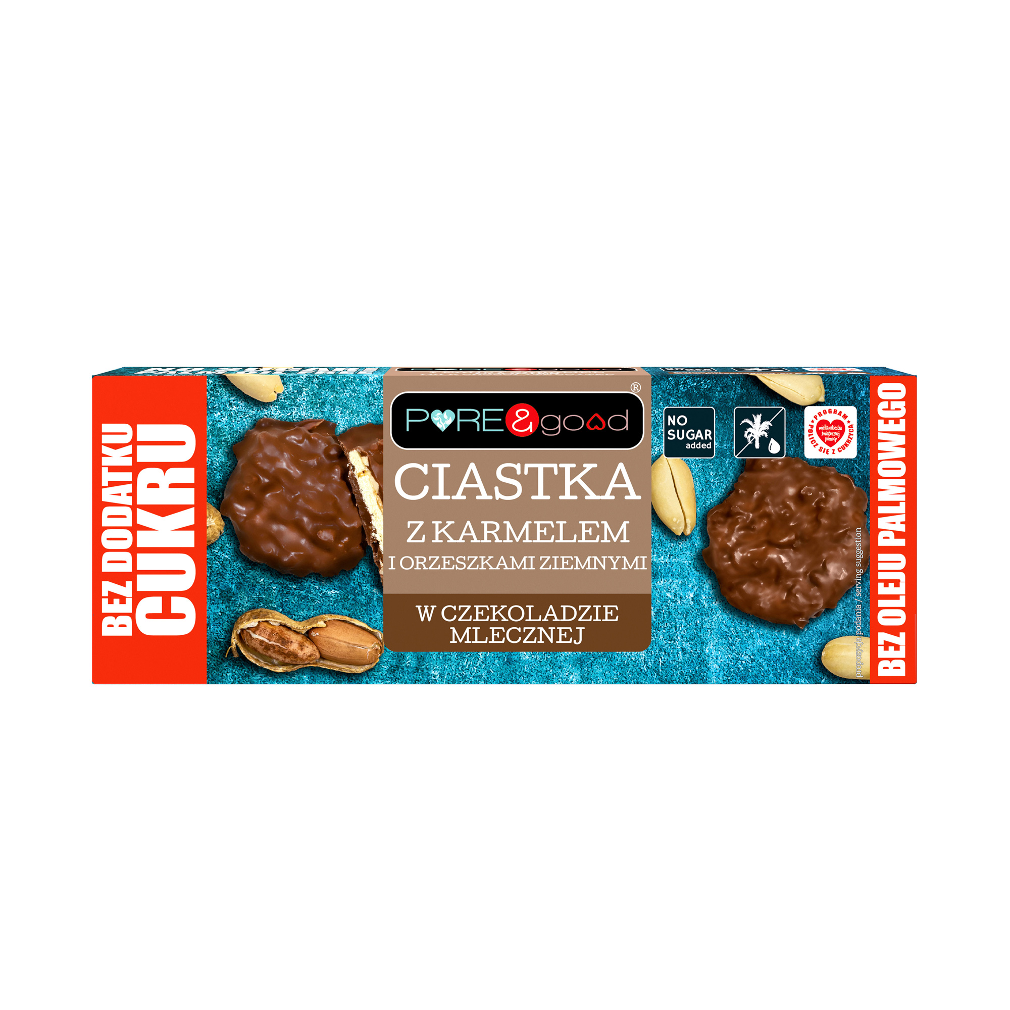 Ciastka z karmelem i z orzechami ziemnymi w czekoladzie mlecznej bez dodatku cukru