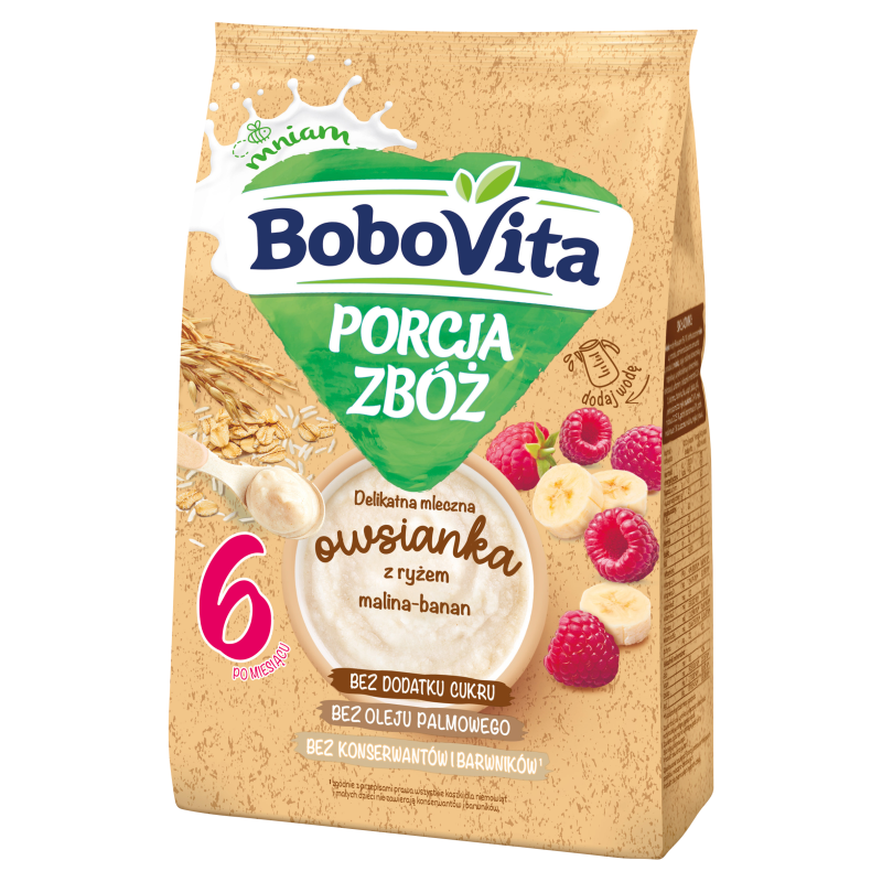 BoboVita Porcja zbóż Delikatna mleczna owsianka z ryżem malina-banan po 6 miesiącu