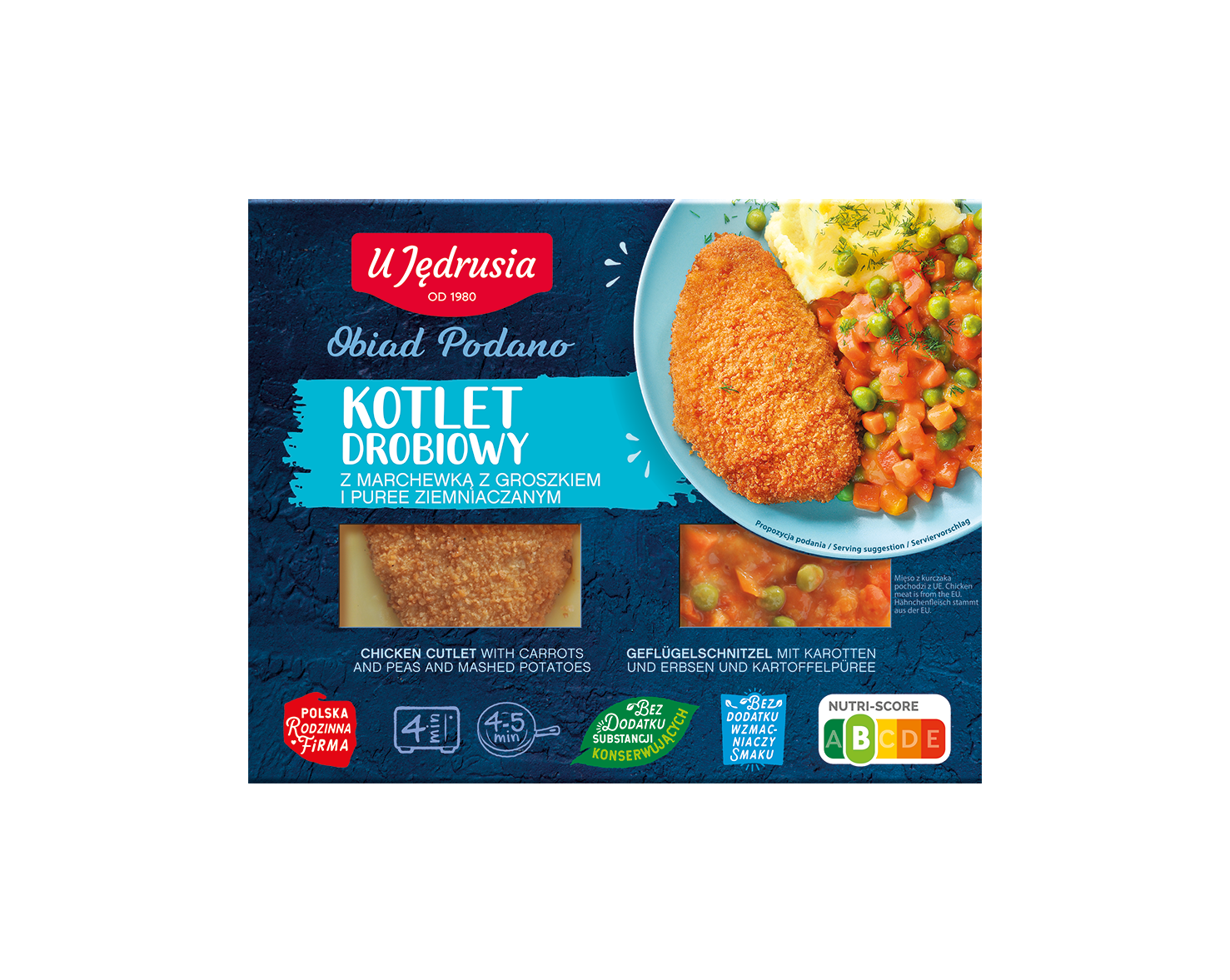 Kotlet drobiowy z marchewką z groszkiem i puree ziemniaczanym.