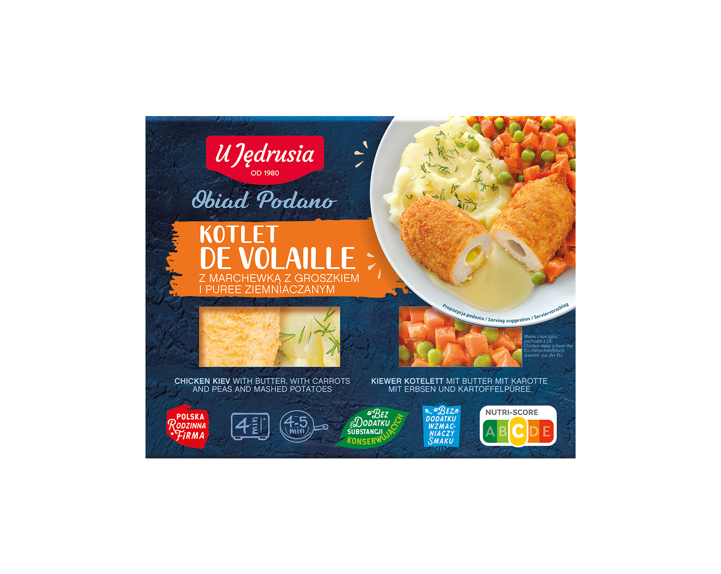 Kotlet de volaille z marchewką z groszkiem i puree ziemniaczanym.