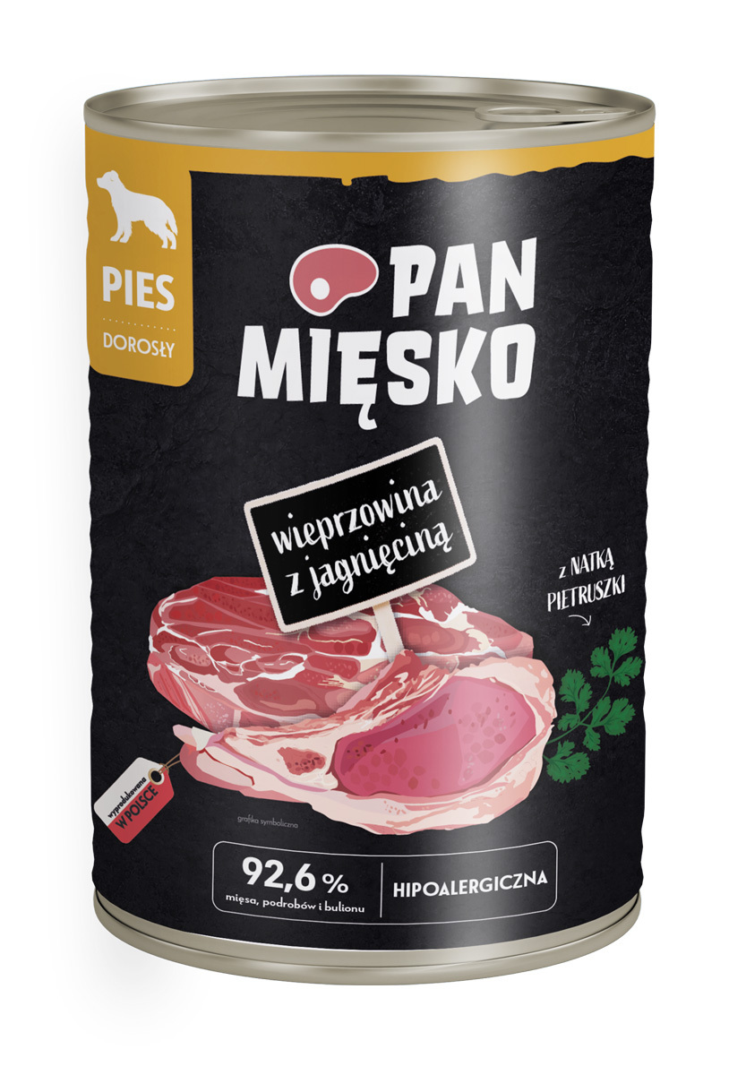 Mokry pokarm dla dorosłych psów z wieprzowiną i jagnięciną puszka
