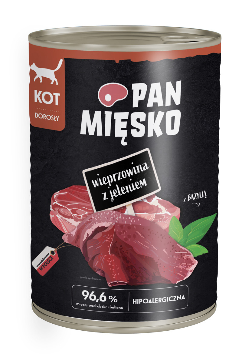 Mokry pokarm dla dorosłych kotów z wieprzowiną i jeleniem