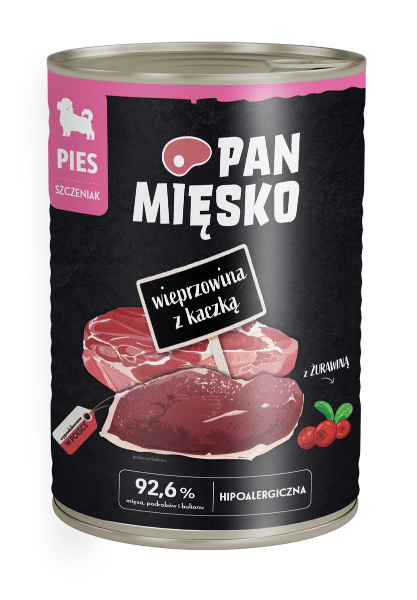 Mokry pokarm dla dorosłych psów z wieprzowiną i kaczką puszka