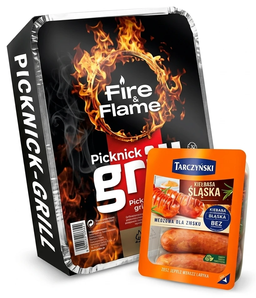Zestaw: Grill jednorazowy Fire&Flame Picknick-Grill + Kiełbasa śląska Tarczyński