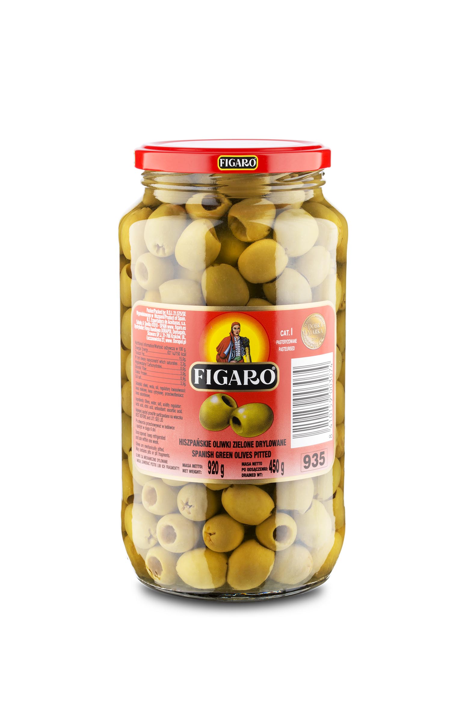 Hiszpańskie Oliwki Zielone Drylowane Pasteryzowane 920 G/450 G Figaro