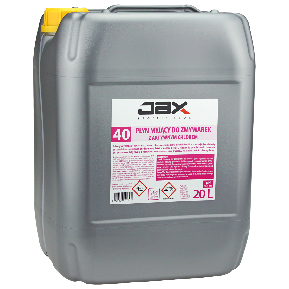 Jax Professional Płyn Myjący Do Zmywarek Z Aktywnym Chlorem „40” 20L