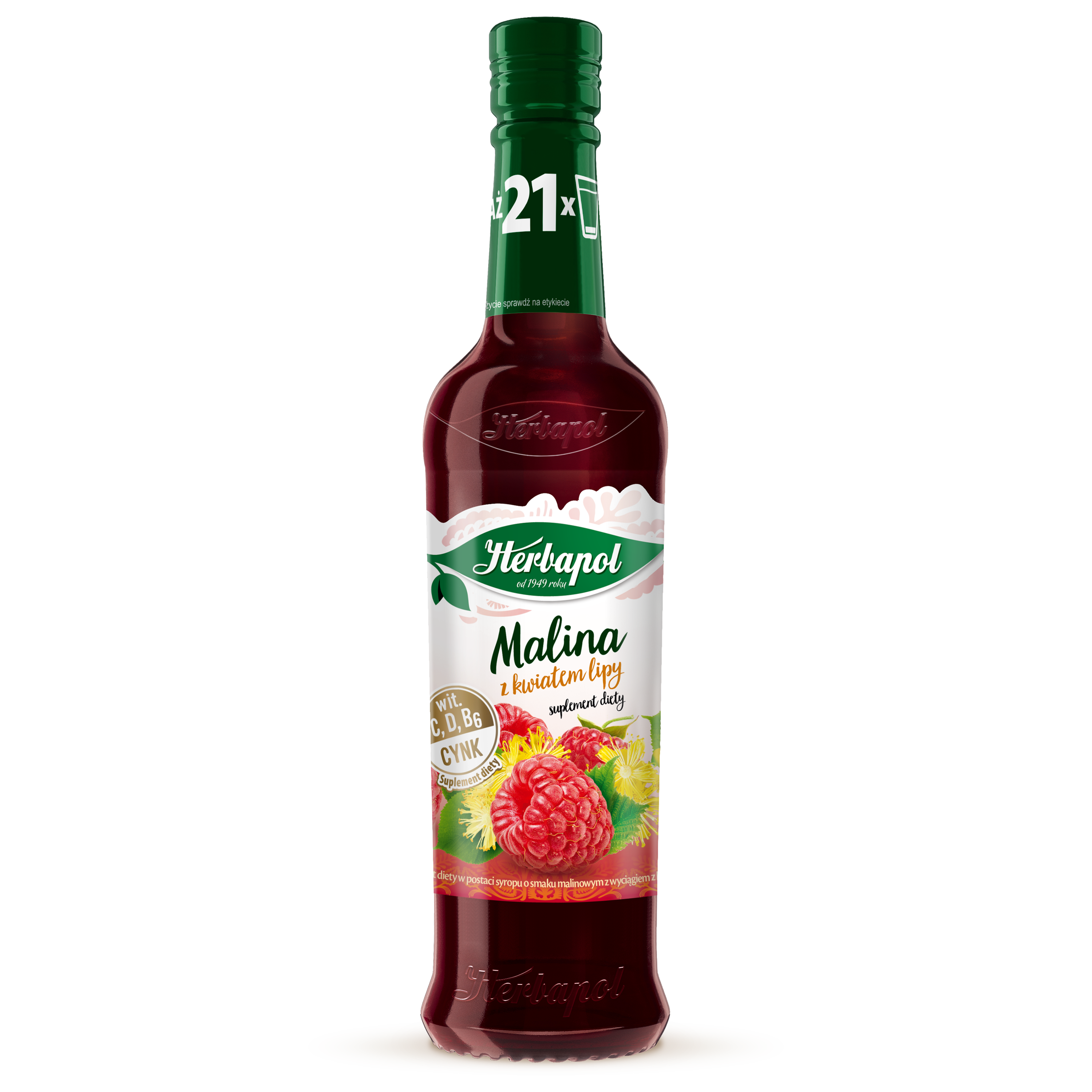 Herbapol Syrop Owocowy Suplement Diety Malina Z Kwiatem Lipy Z Wit. D, C, B6 I Cynkiem 420 Ml