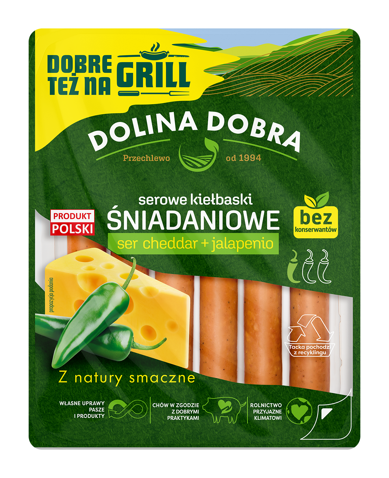 Serowe Kiełbaski Śniadaniowe Ser Cheddar + Jalapenio 200 G Dolina Dobra