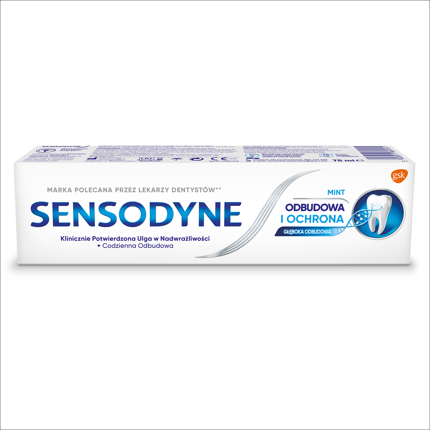 Sensodyne Odbudowa I Ochrona Pasta Z Fluorem Do Nadwrażliwych Zębów, Wyrób Medyczny, Utwardzająca Szkliwo O Smaku Miętowym, 75 Ml