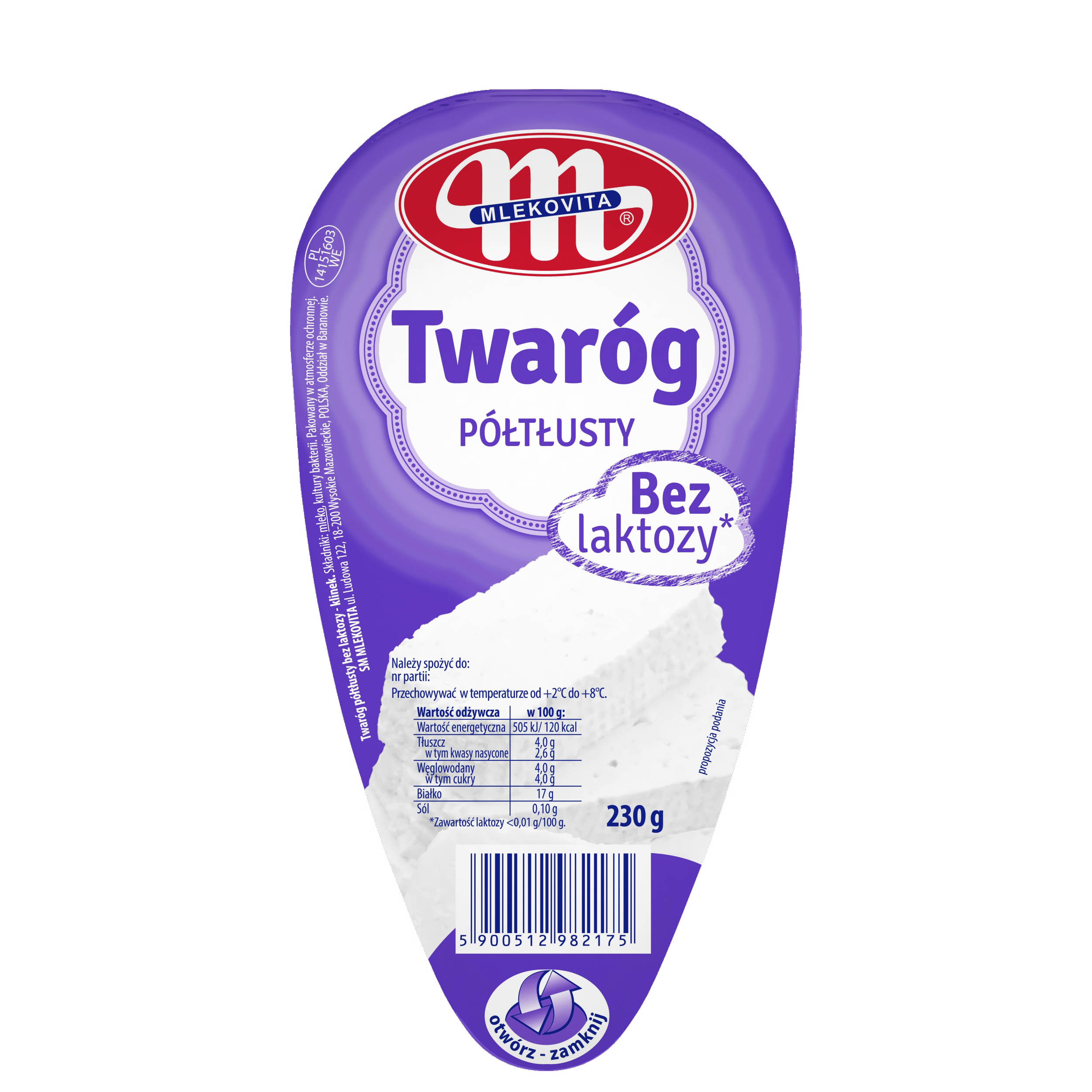 Mlekovita Twaróg Półtłusty Bez Laktozy - Klinek 230G