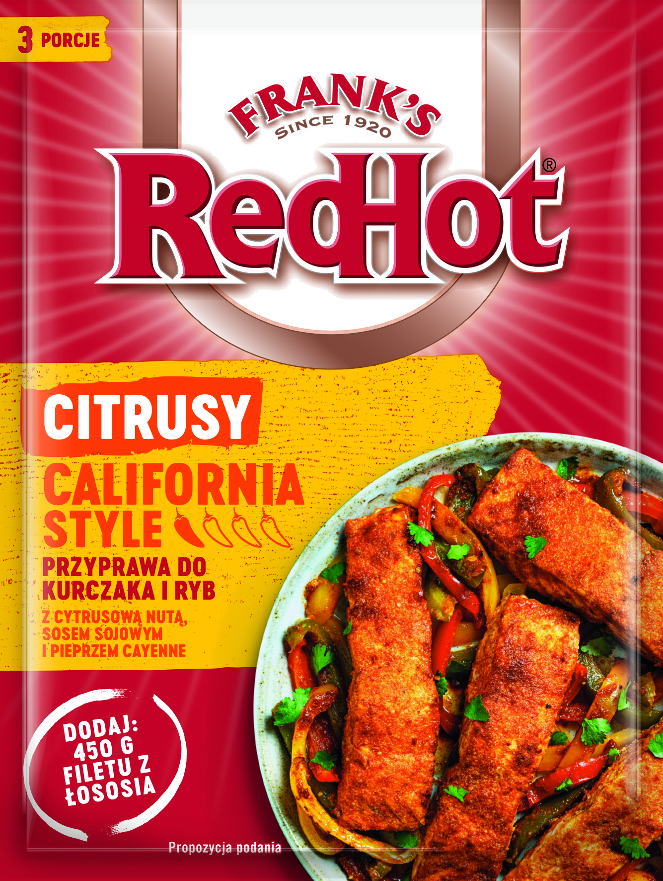 Przyprawa Do Kurczaka I Ryb Z Cytrusową Nutą , Sosem Sojowym I Pieprzem Cayenne Citrusy California Frnak'S Red Hot 20G