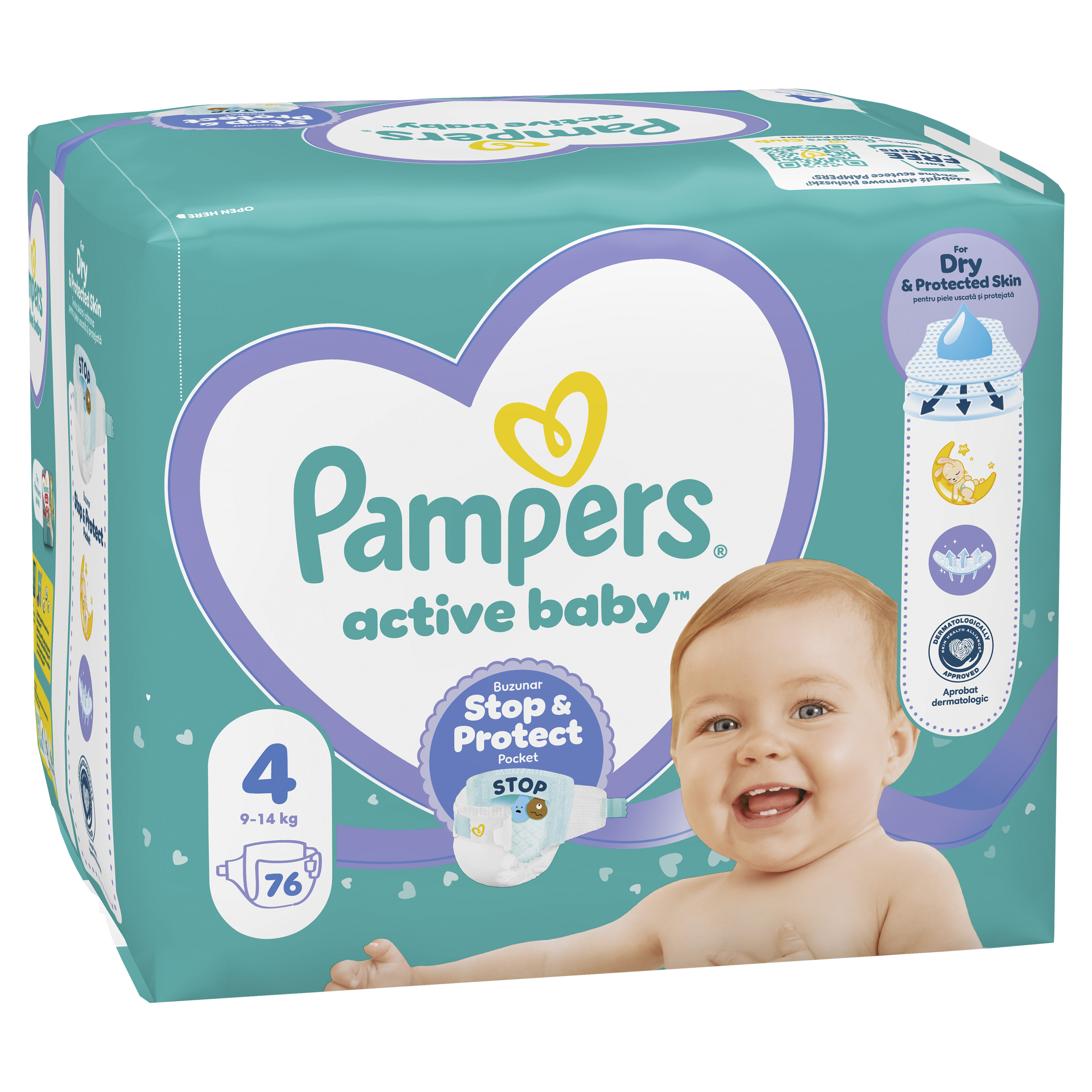 Pampers Active Baby, Rozmiar 4, 76 Pieluszek, 9Kg-14Kg