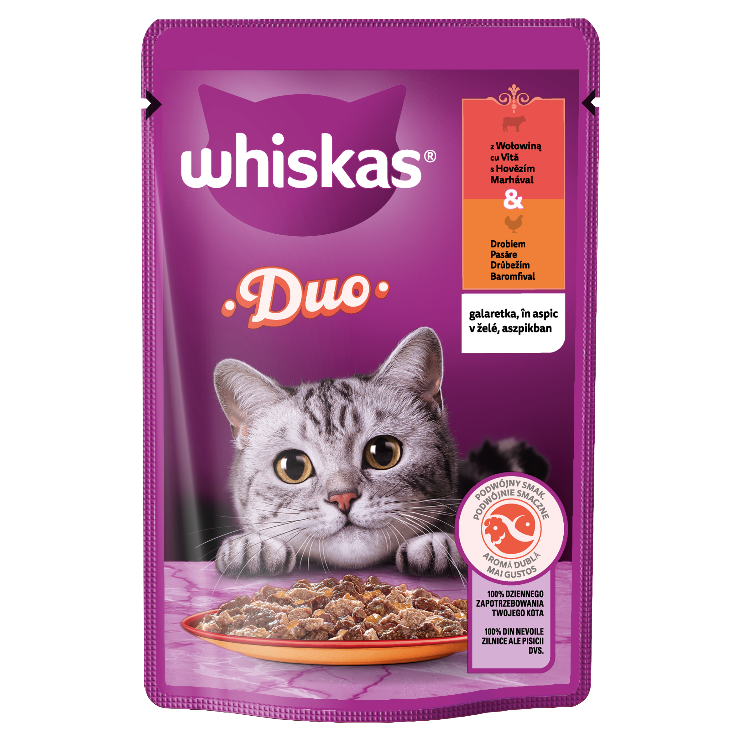 Whiskas Duo Saszetka Galaretka Z Wołowiną I Z Drobiem 85 G