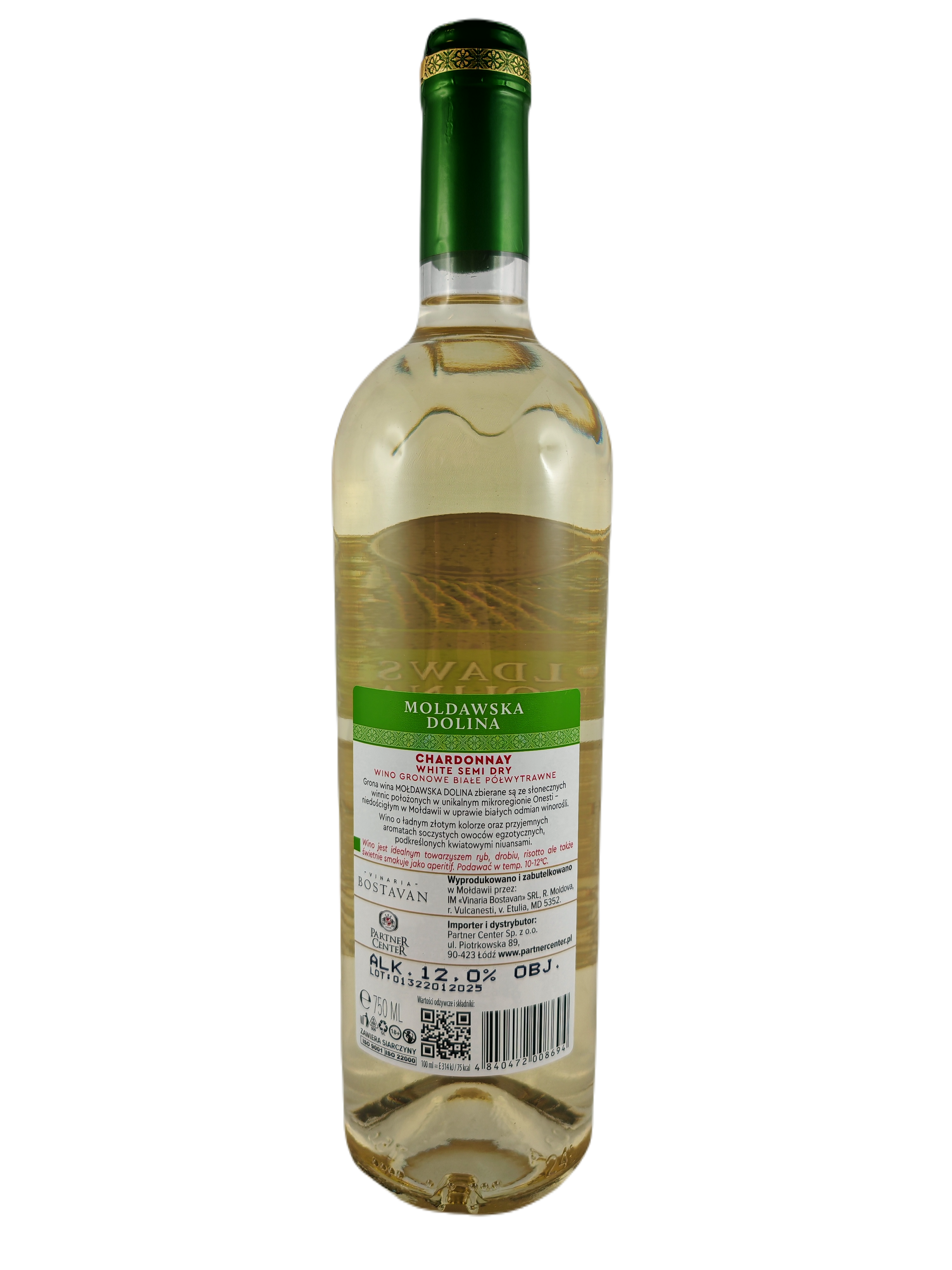 Mołdawska Dolina Chardonnay Wino Gronowe Białe Półwytrawne 0,75 L
