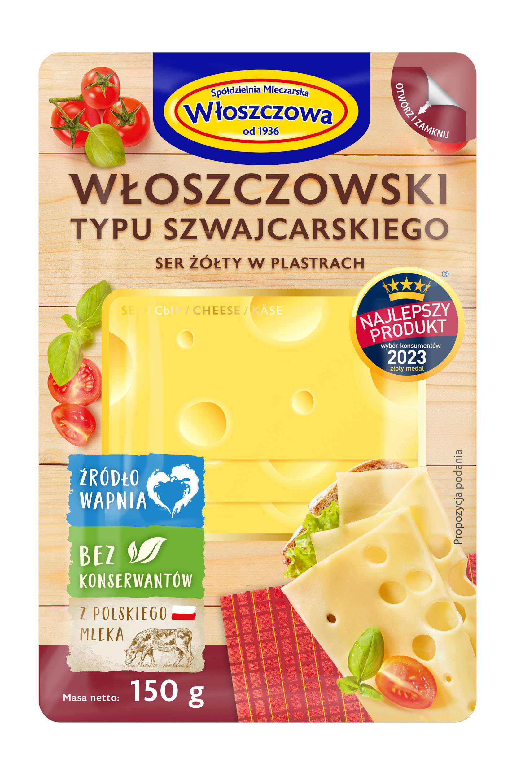 Ser Włoszczowski Plasterkowany - Ser Podpuszczkowy Dojrzewający Typu Szwajcarskiego 150 G