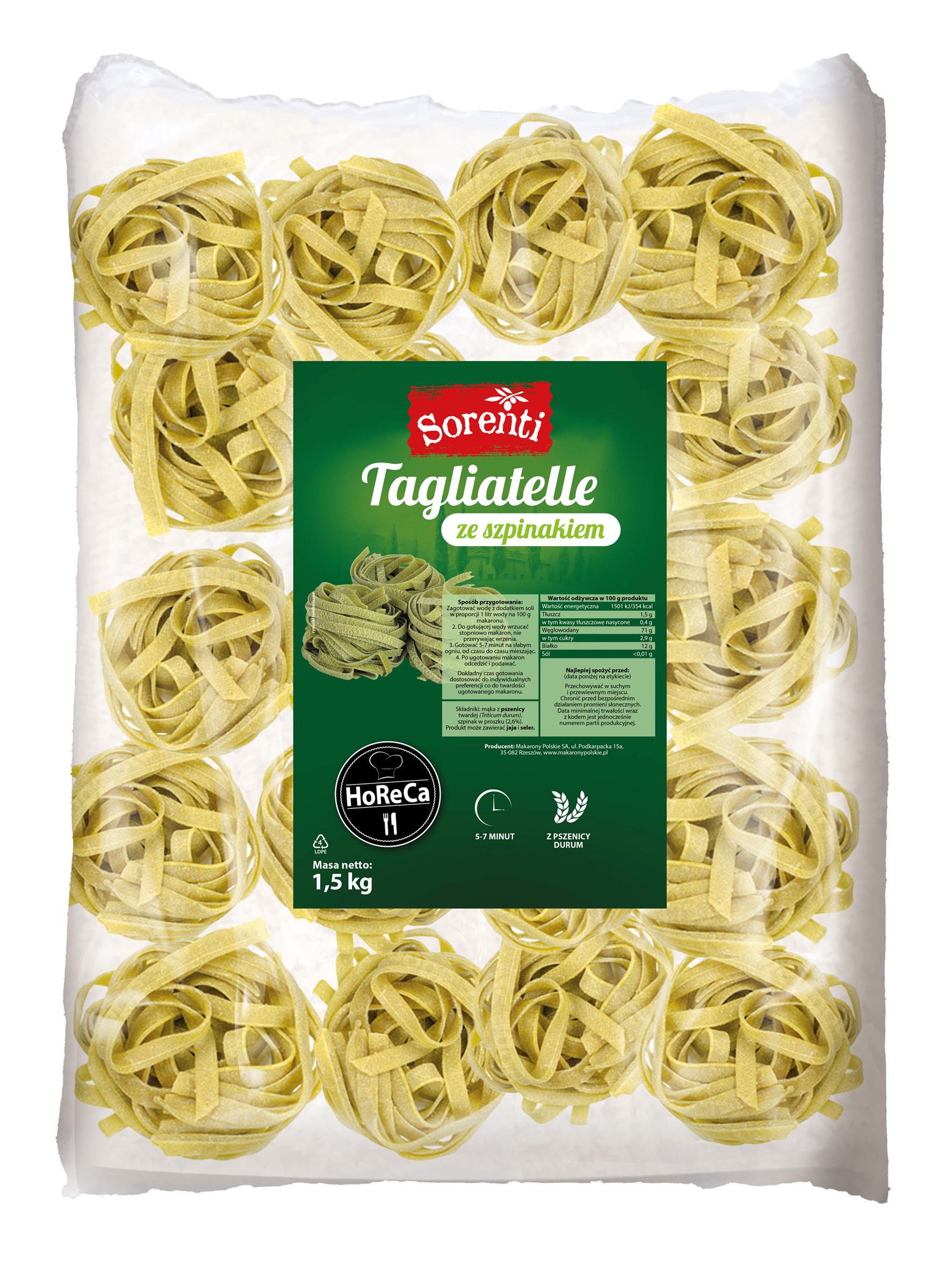 Makaron Sorenti Tagliatelle Ze Szpinakiem 1,5 Kg