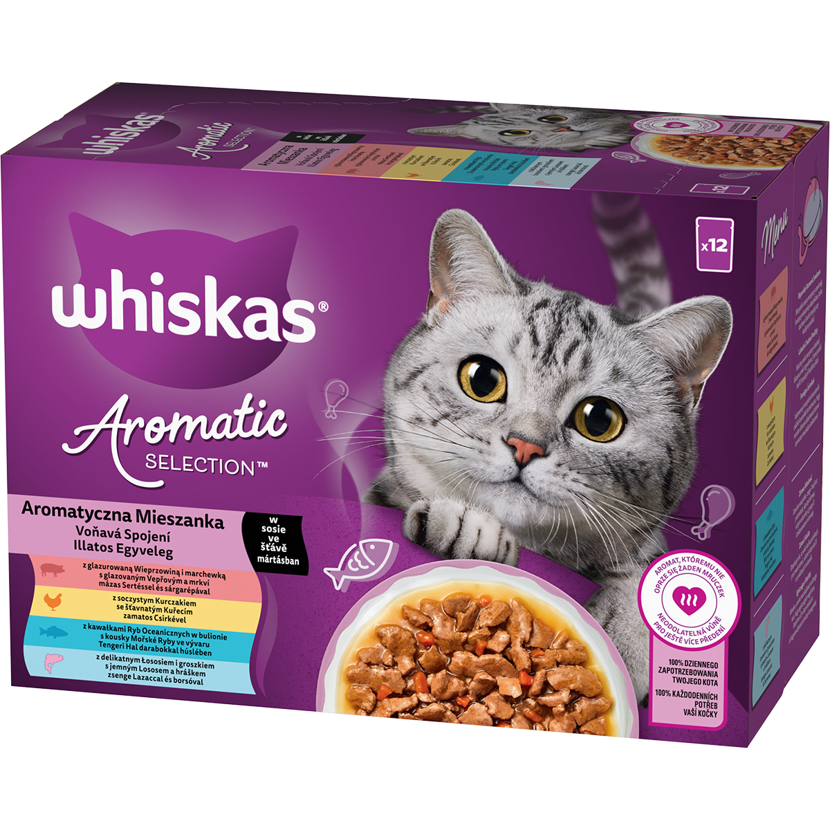 Whiskas Karma Aromatyczna Mieszanka W Sosie Z Wieprzowiną I Marchewką, Z Kurczakiem I Marchewką, Z Rybą Oceaniczną, Z Łososiem I Groszkiem 12X85G