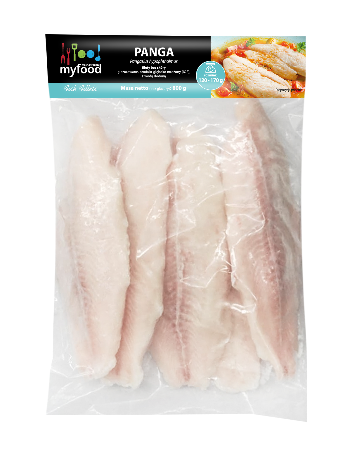Myfood Panga Sum (Sum Rekini) Pangasius Hypophthalmus Filety Bez Skóry, Z Wodą Dodaną, Produkt Głęboko Mrożony, Rozmiar: 120 -170 G, 20% Glazury, 800 G/1000 G