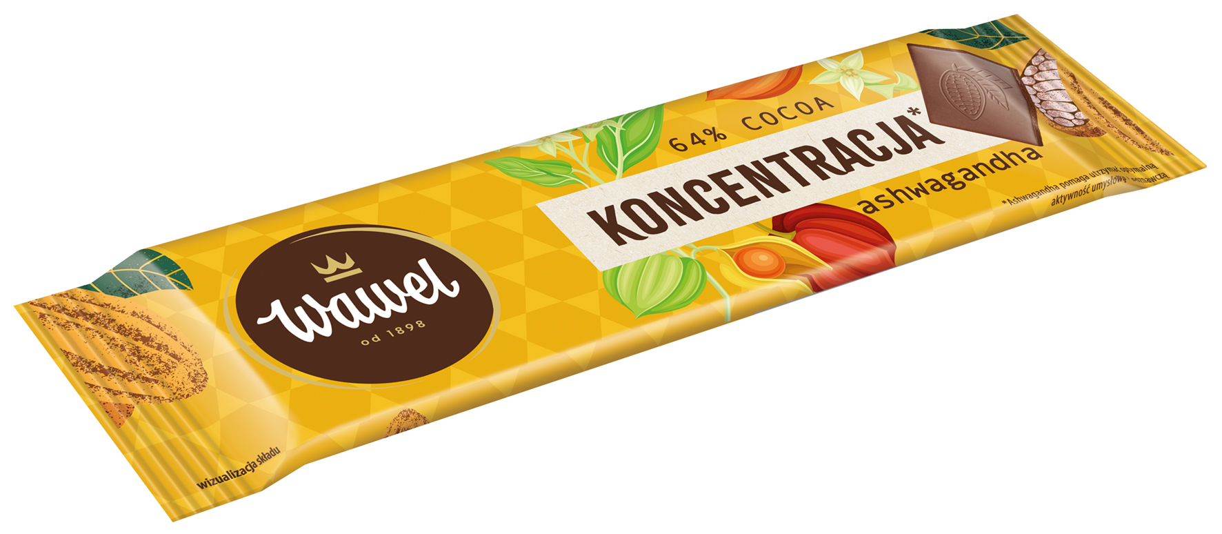 Wawel Miniczekolada Funkcjonalna Koncentracja - Gorzka 64% Cocoa Z Ashwagandhą 20G