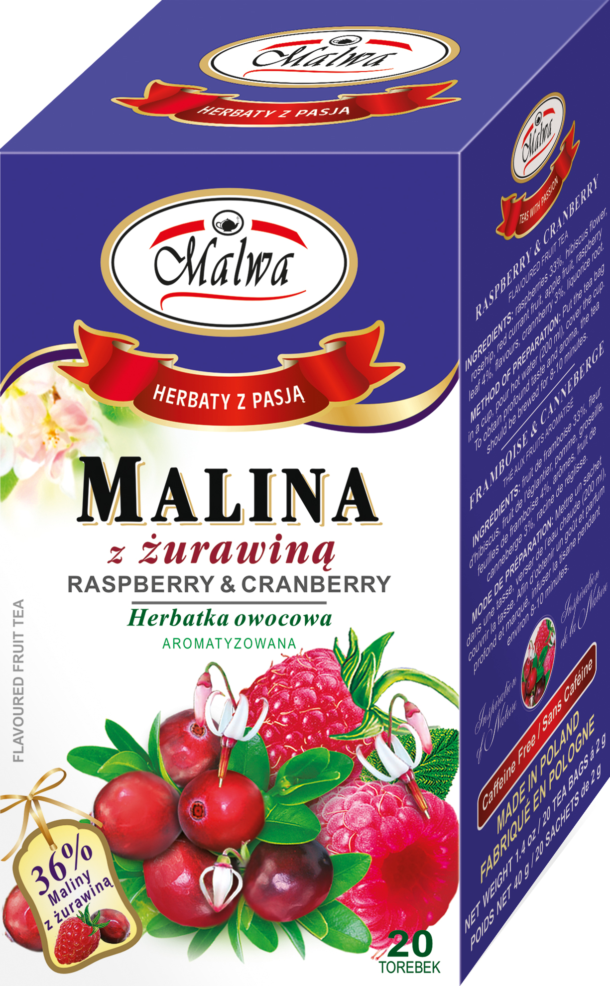 Malwa Herbata Owocowa Aromatyzowana Malina Z Żurawiną 20X2G