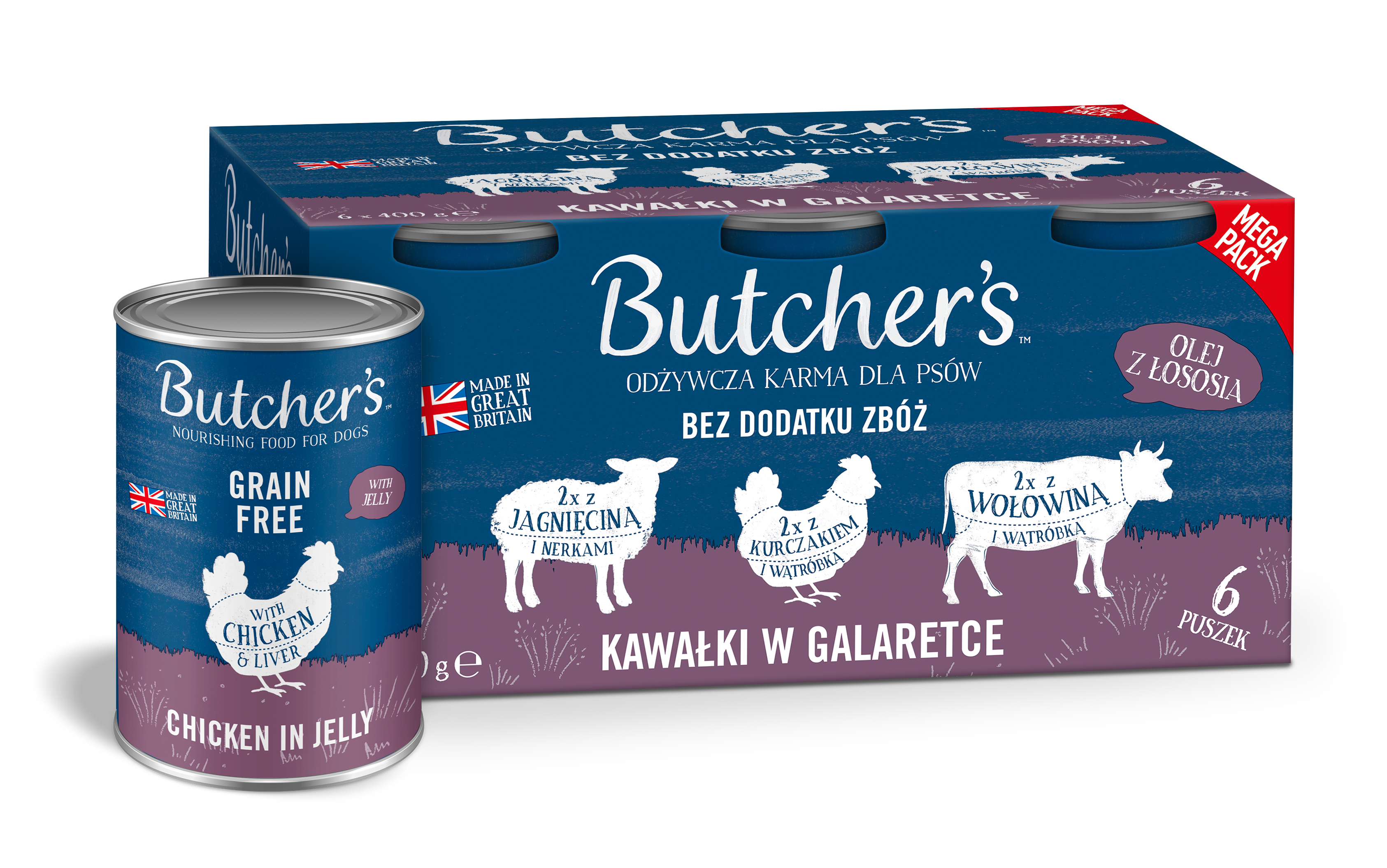 Butcher'S Original Megapack Jelly, Karma Dla Psa, Mix Smaków Z Wątróbką Lub Nerkami, Kawałki W Galaretce, 6X400 G