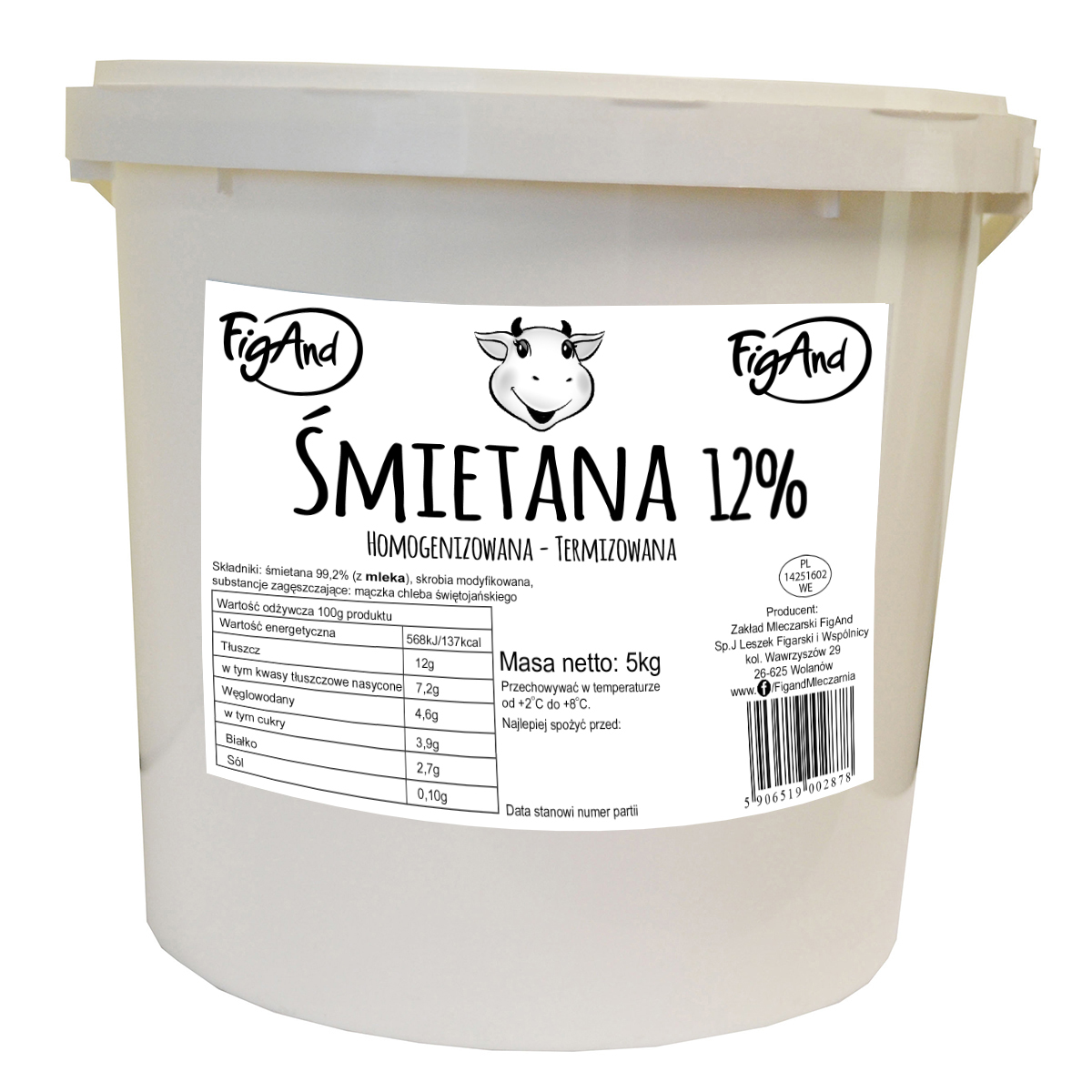 Śmietana 12% Wiadro 5 Litrów Figand