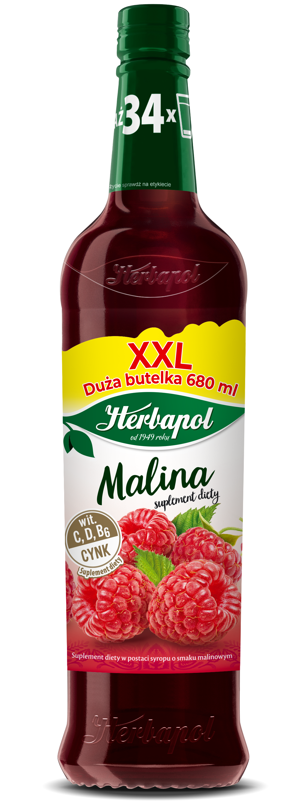 Herbapol Syrop Owocowy Suplement Diety Malina Z Witaminami C,D, B6 I Cynkiem 680 Ml