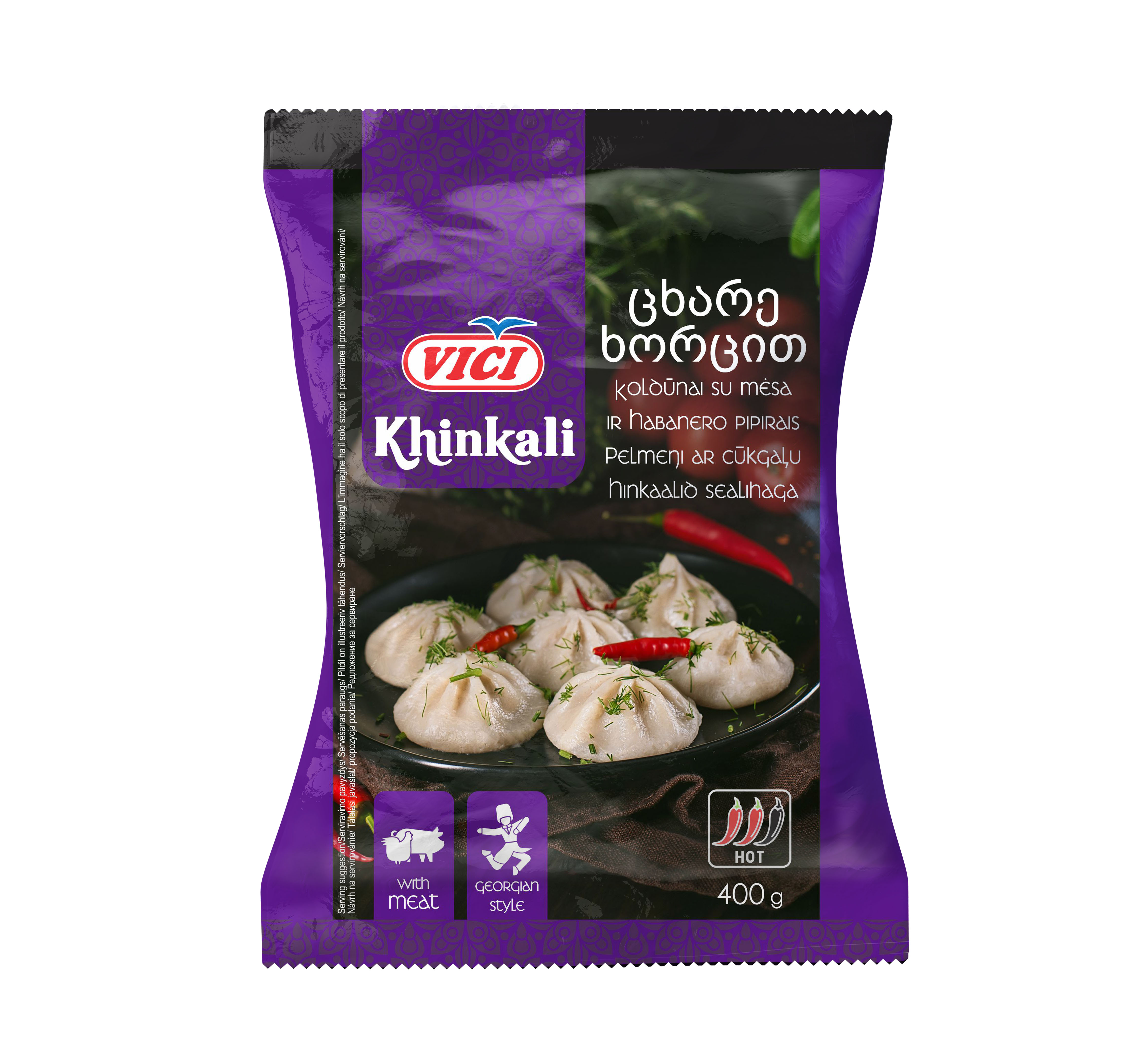 Vici Khinkali Z Mięsem Z Kurczaka I Mięsem Wieprzowym, Płatkami Papryczki Chili I Papryczką Habanero 400 G