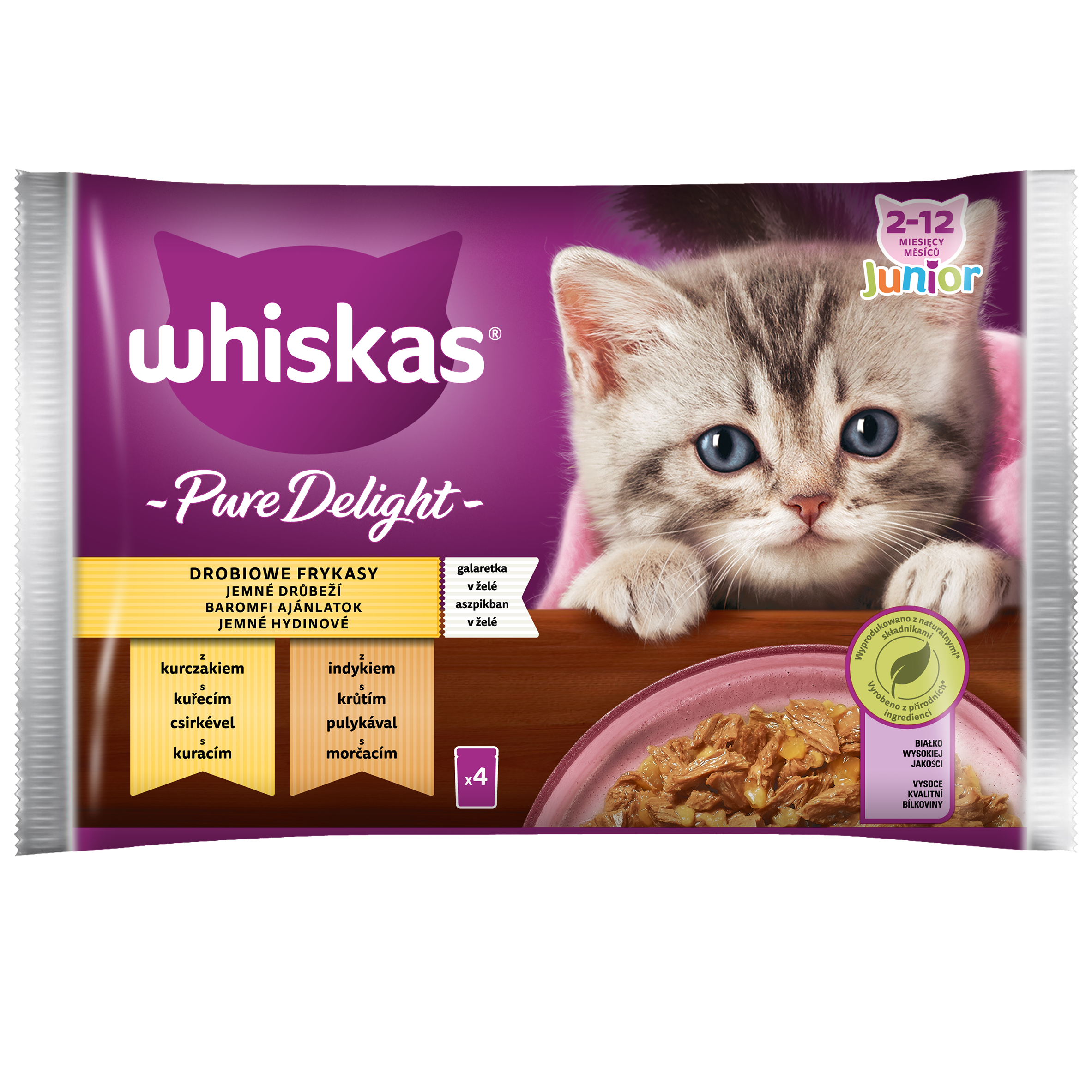 Whiskas Pure Delight Junior 2-12 Miesięcy Drobiowe Frykasy Galaretka Z Kurczakiem I Z Indykiem 340 G (4X85 G)