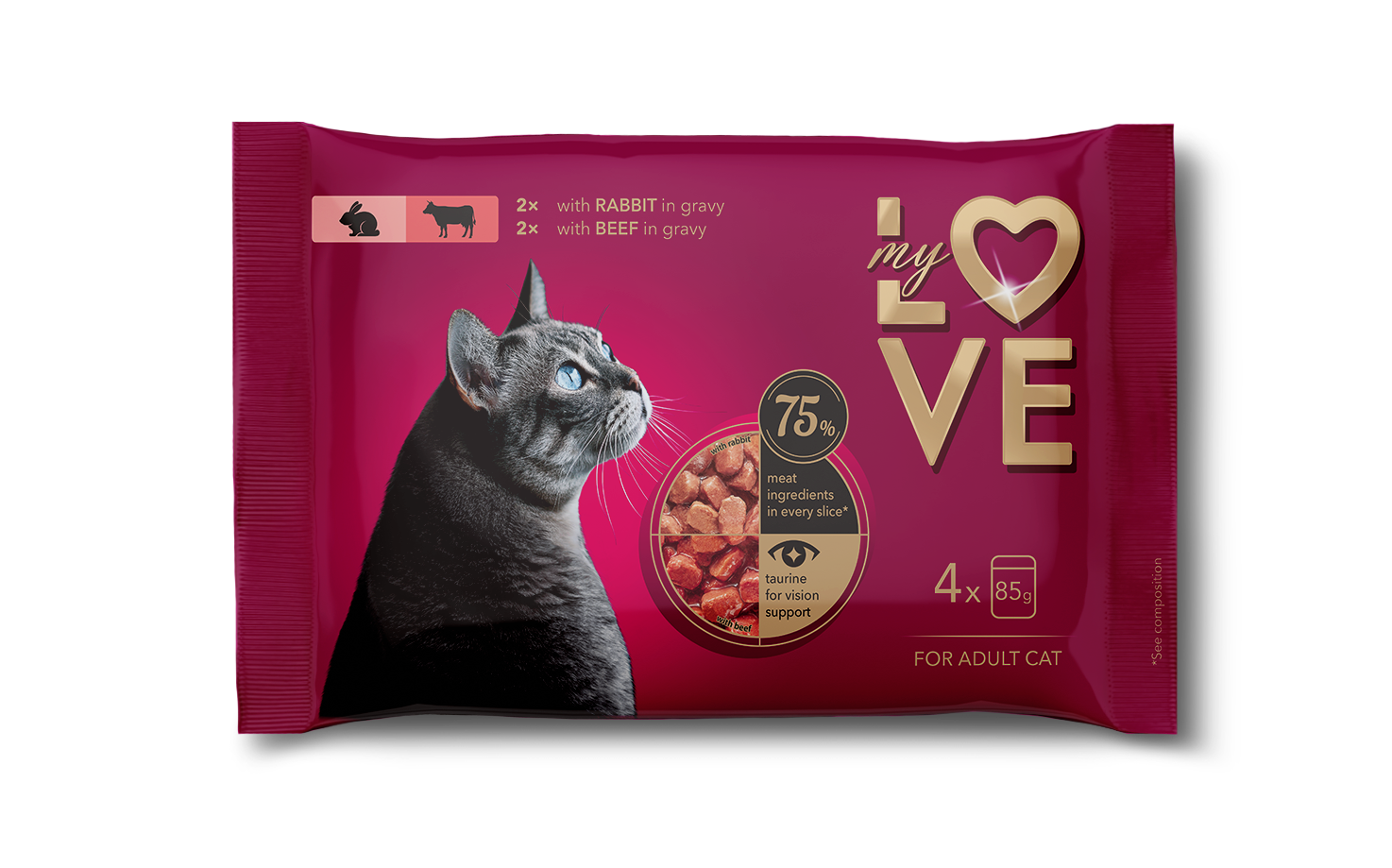 Zestaw My Love Pełnoporcjowa Karma W Saszetkach Dla Dorosłych Kotów Z Królikiem I Wołowiną 4 X 85 G