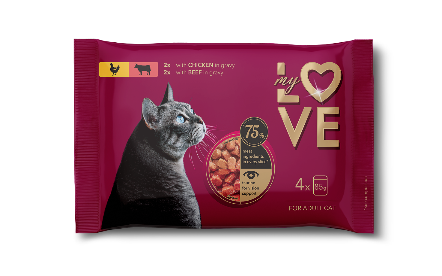 My Love Zestaw Pełnoporcjowa Karma W Saszetkach Dla Dorosłych Kotów Z Kurczakiem I Wołowiną 4 X 85 G