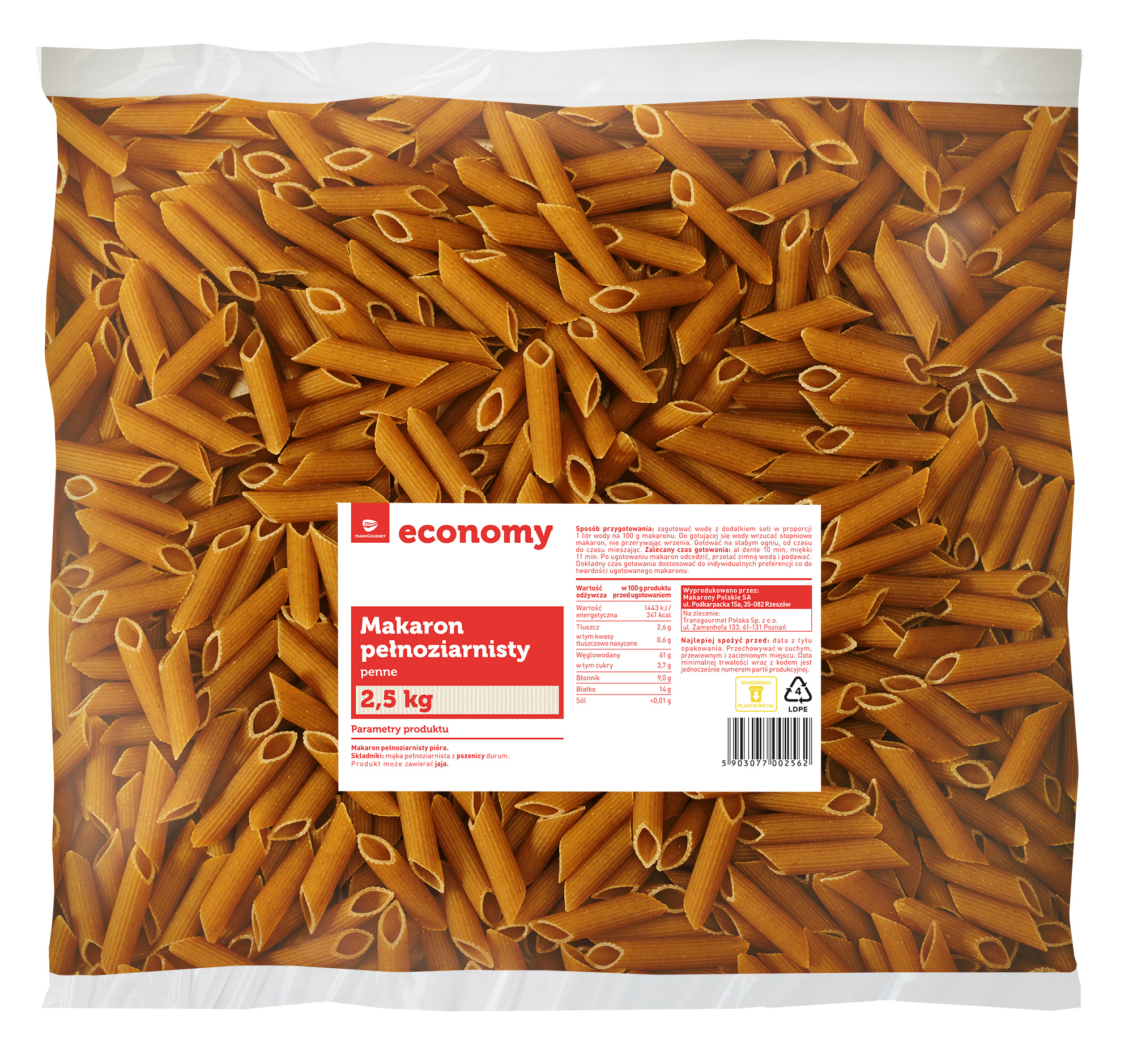 Tge Makaron Pióra Pełnoziarnisty 2,5Kg