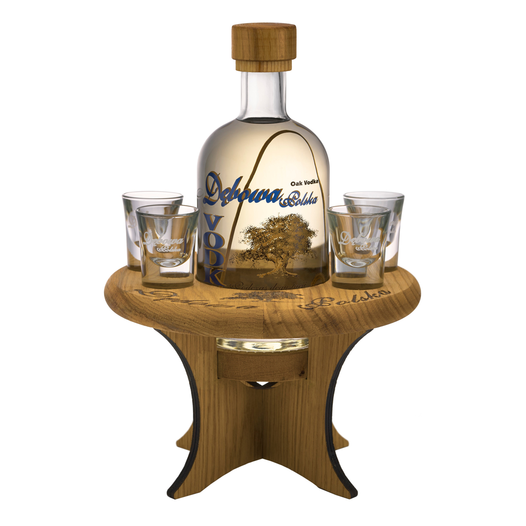 Wódka Dębowa Polska 700Ml 40% + Stolik Dębowy + 4 Kieliszki