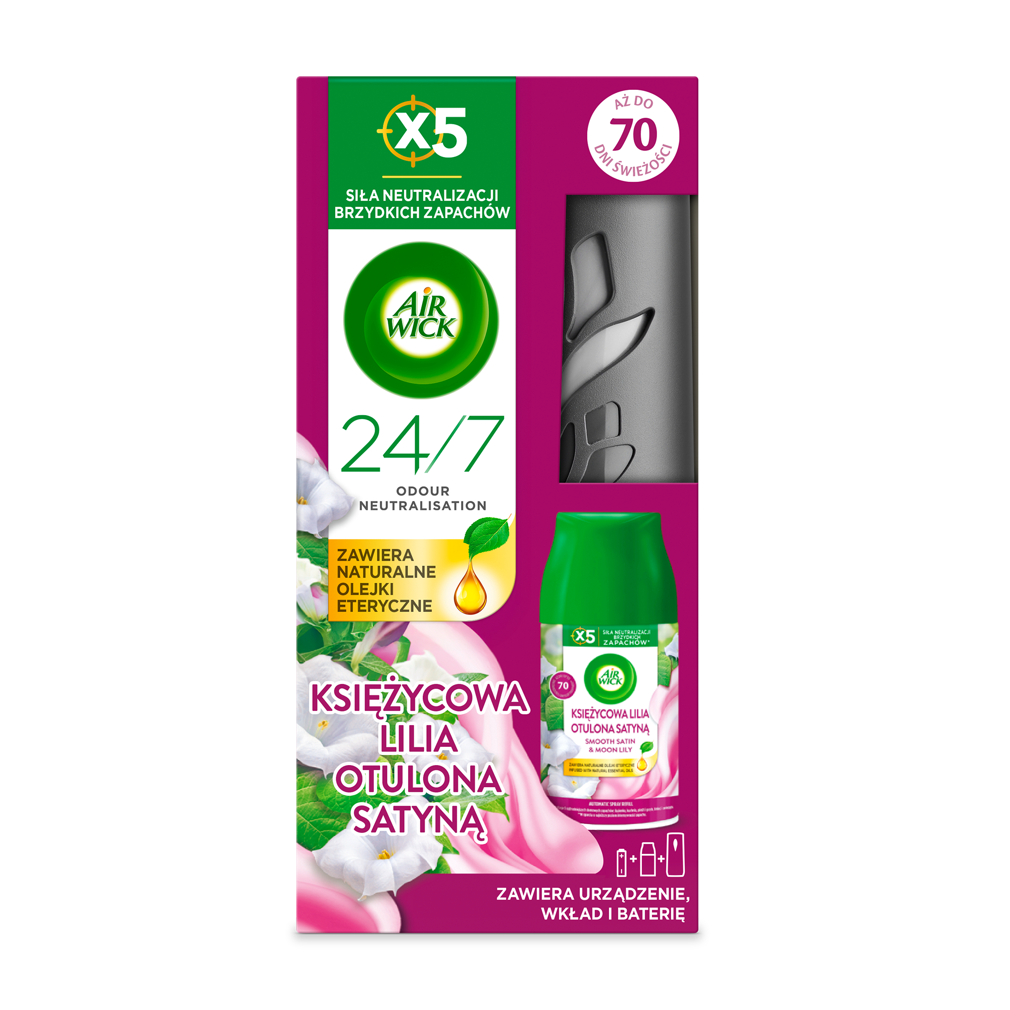 Air Wick Odświeżacz Powietrza Freshmatic Księżycowa Lilia Otulona Satyną Komplet 250 Ml