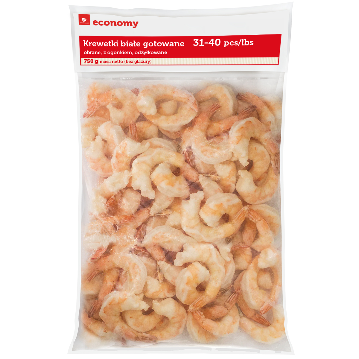 Tge Krewetki Białe Vannamei Gotowane, Obrane, Z Ogonkiem 31-40Pcs/Lb Worek 0,75Kg/1Kg, 25% Glazury