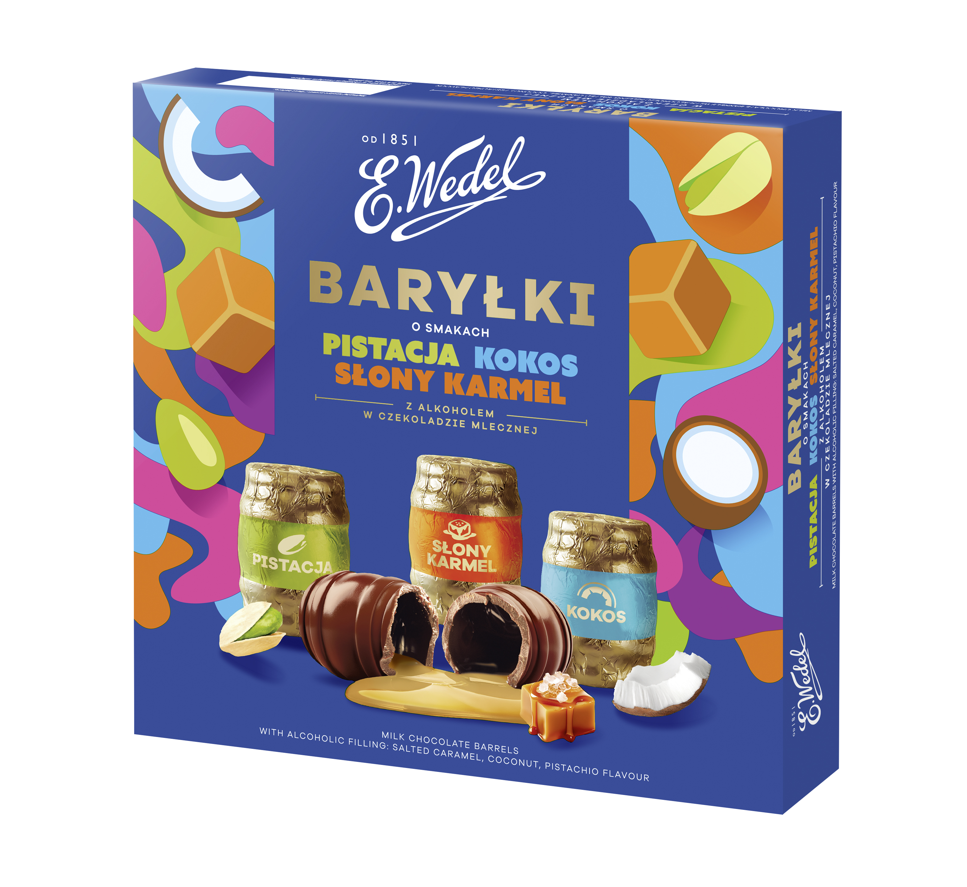 E.Wedel Baryłki O Smakach Pistacja, Kokos, Słony Karmel Z Alkoholem W Czekoladzie Mlecznej 200G