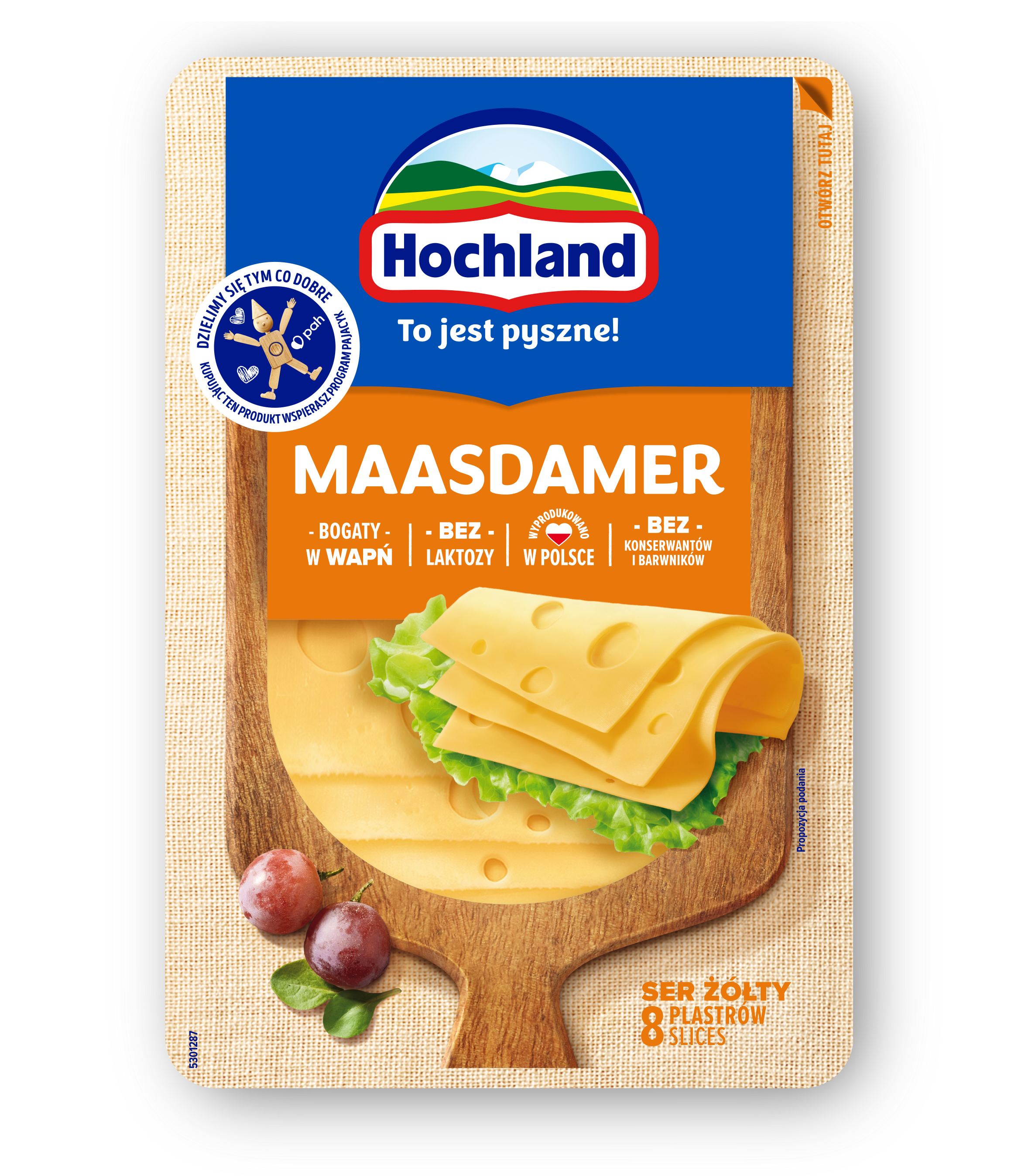 Hochland Maasdamer Ser Żółty W Plastrach. Ser Podpuszczkowy Dojrzewający 135 G
