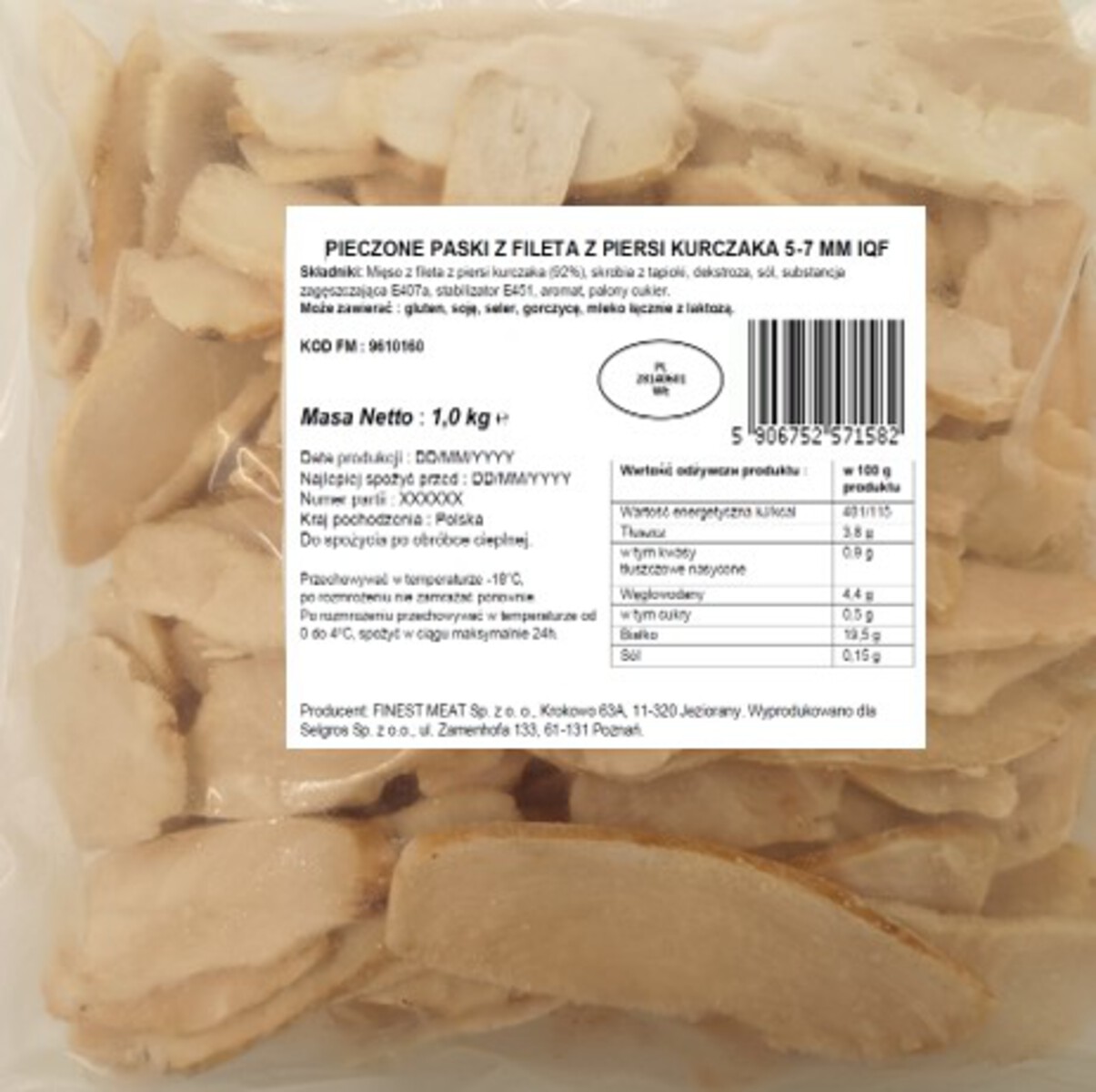 Finest Meat Pieczone Paski Z Piersi Kurczaka 5-7 Mm Iqf 1 Kg
