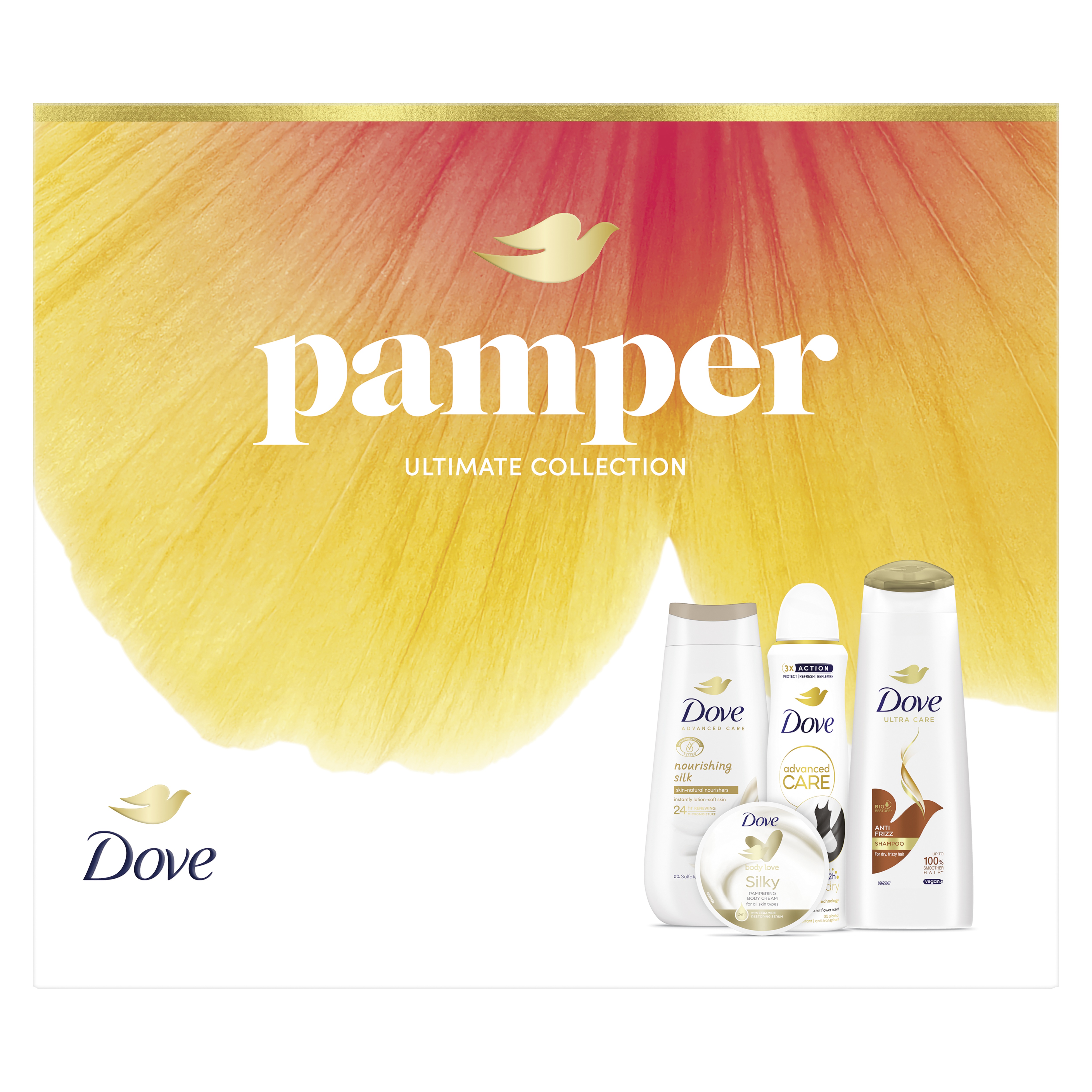 Dove Żel Pod Prysznic Nourishing Silk 225 Ml + Antyperspirant Ivisible Dry 150 Ml + Szampon Anti Frizz 250 Ml + Krem Do Ciała Silky 300 Ml