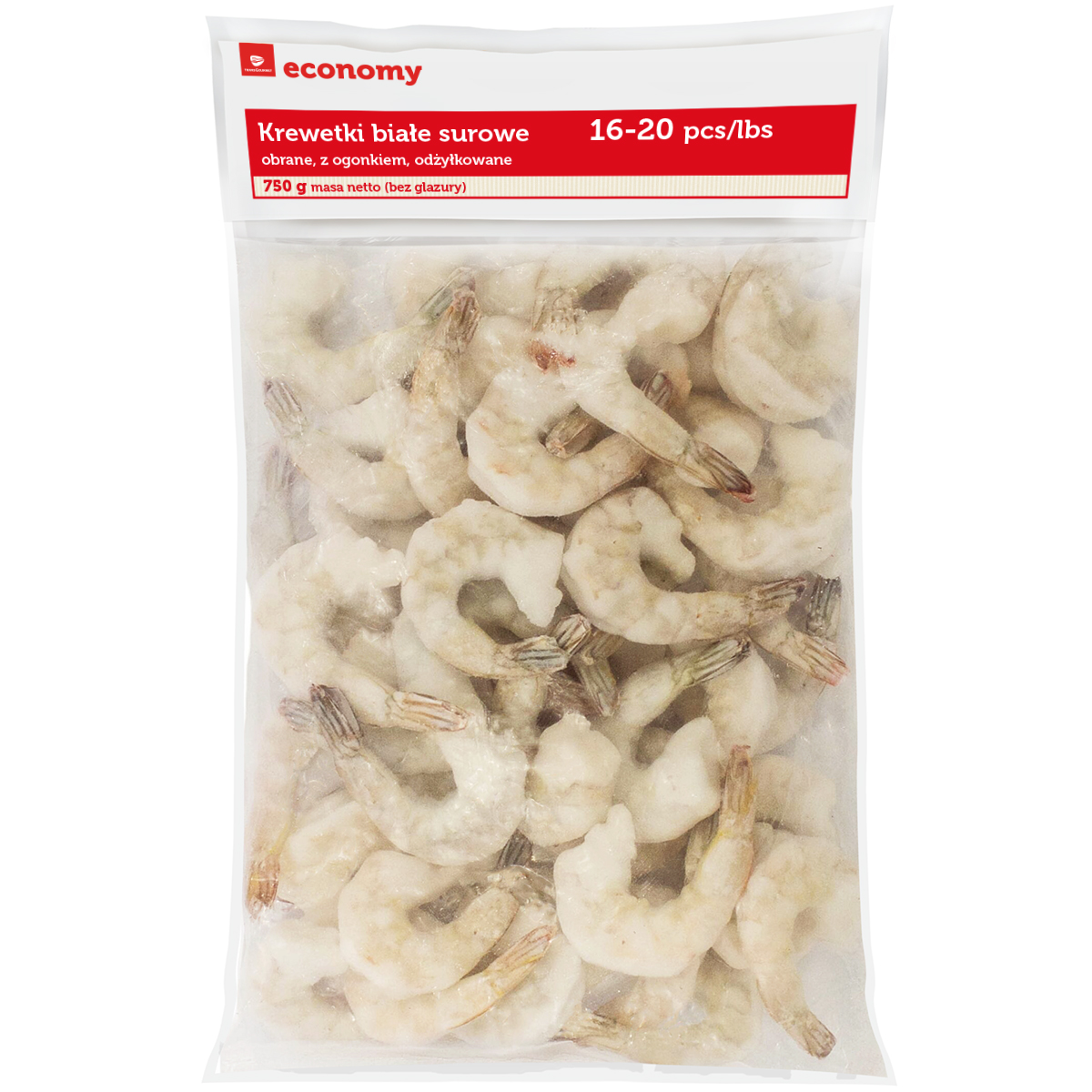 Tge Krewetki Białe Vannamei Surowe, Obrane, Z Ogonkiem 16-20Pcs/Lb 0,75Kg/1Kg, 25% Glazury