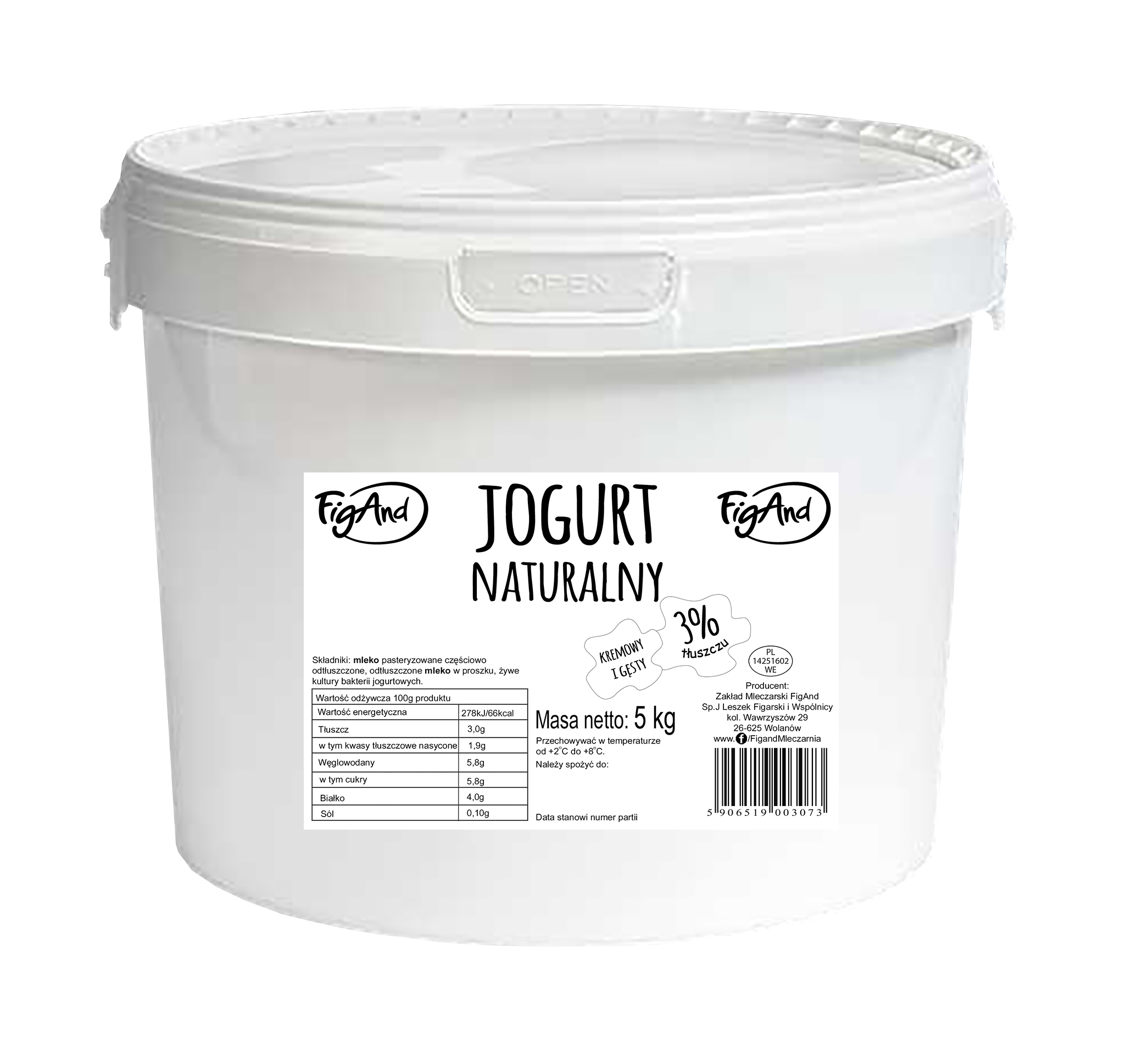 Jogurt Naturalny 3% 5 Kg Wiadro Figand