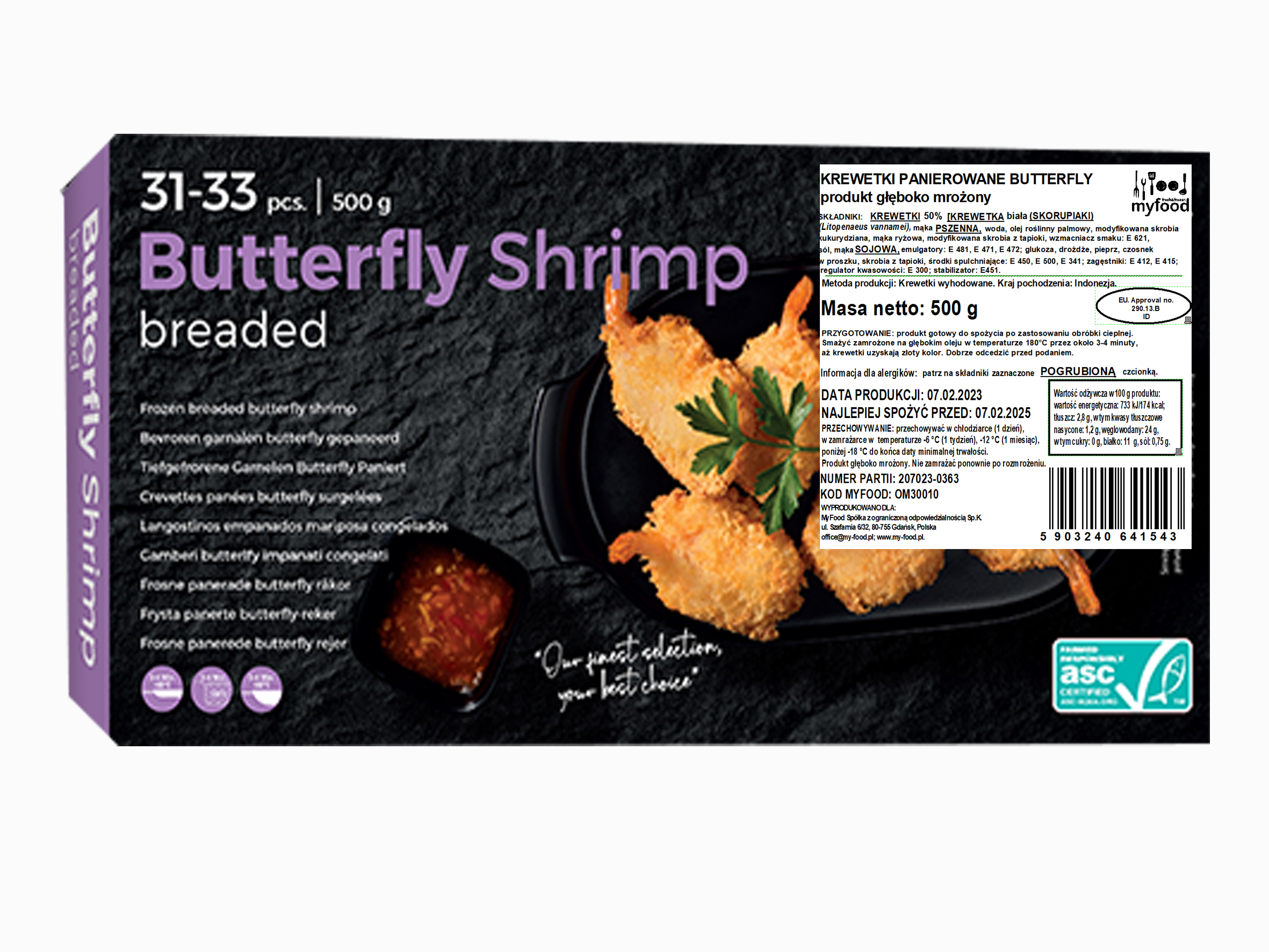 Myfood Krewetka Biała (Litopenaeus Vannamei) 26-30 Szt./Lb Panierowana Butterfly, Głęboko Mrożona 500 G