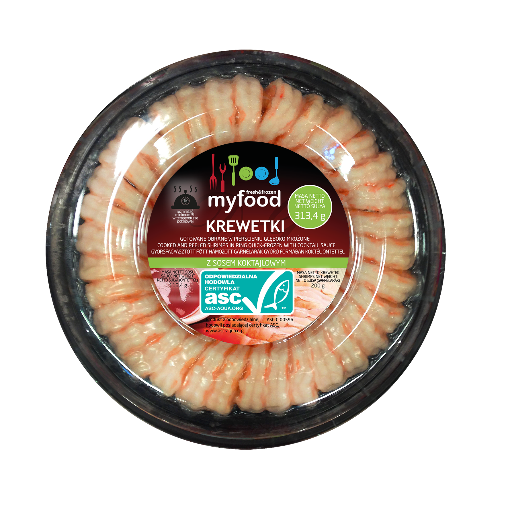 Myfood Krewetki Gotowane, Obrane W Pierścieniu, Z Sosem Koktajlowym, 313,4 G
