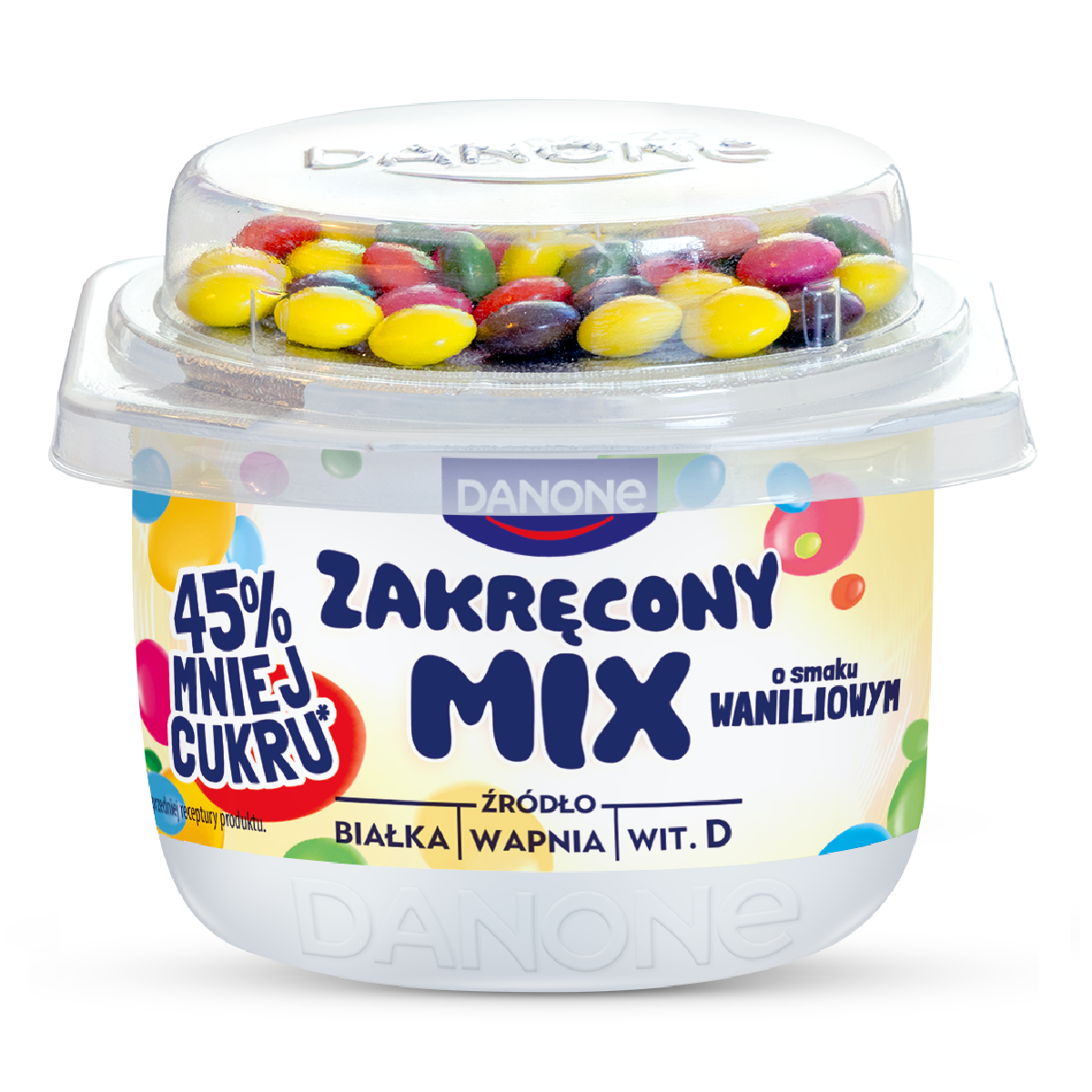 Danone Zakręcony Mix Jogurt O Smaku Waniliowym Z Drażami Z Czekolady Mlecznej 125 G