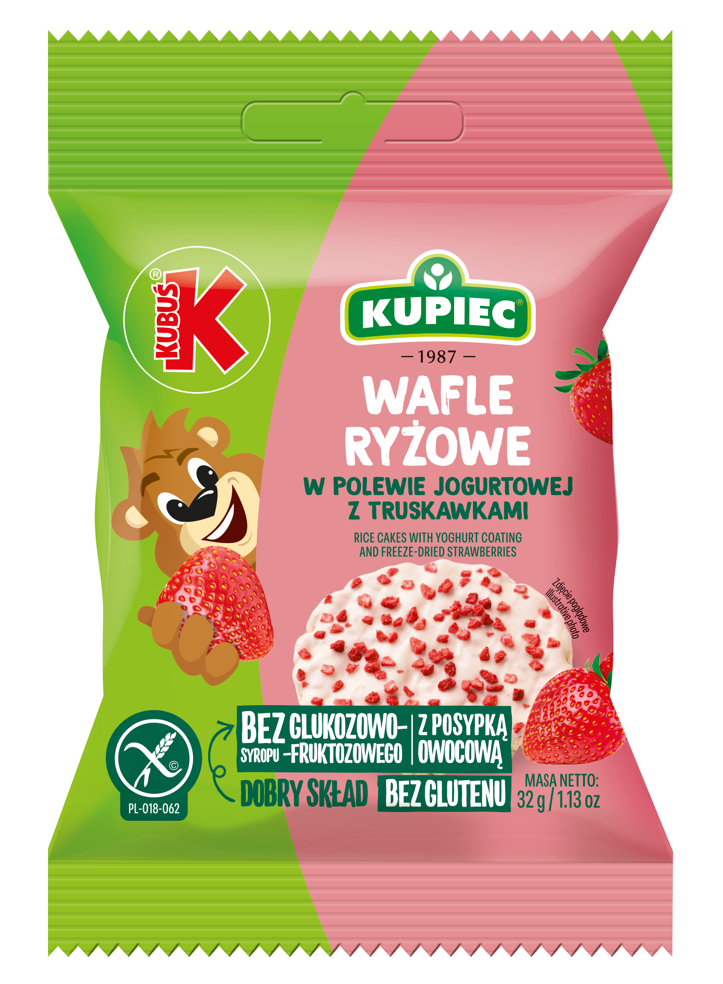Kupiec & Kubuś Wafle Ryżowe Z Polewą Jogurtową Z Liofilizowaną Truskawką 32 G