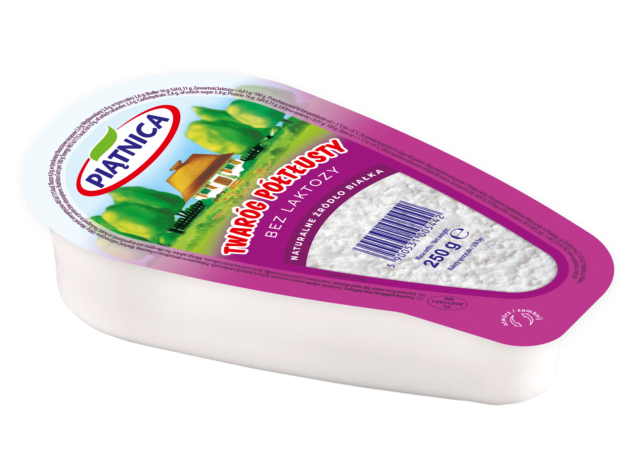 Piątnica Twaróg Półtłusty Bez Laktozy Klinek 250 G