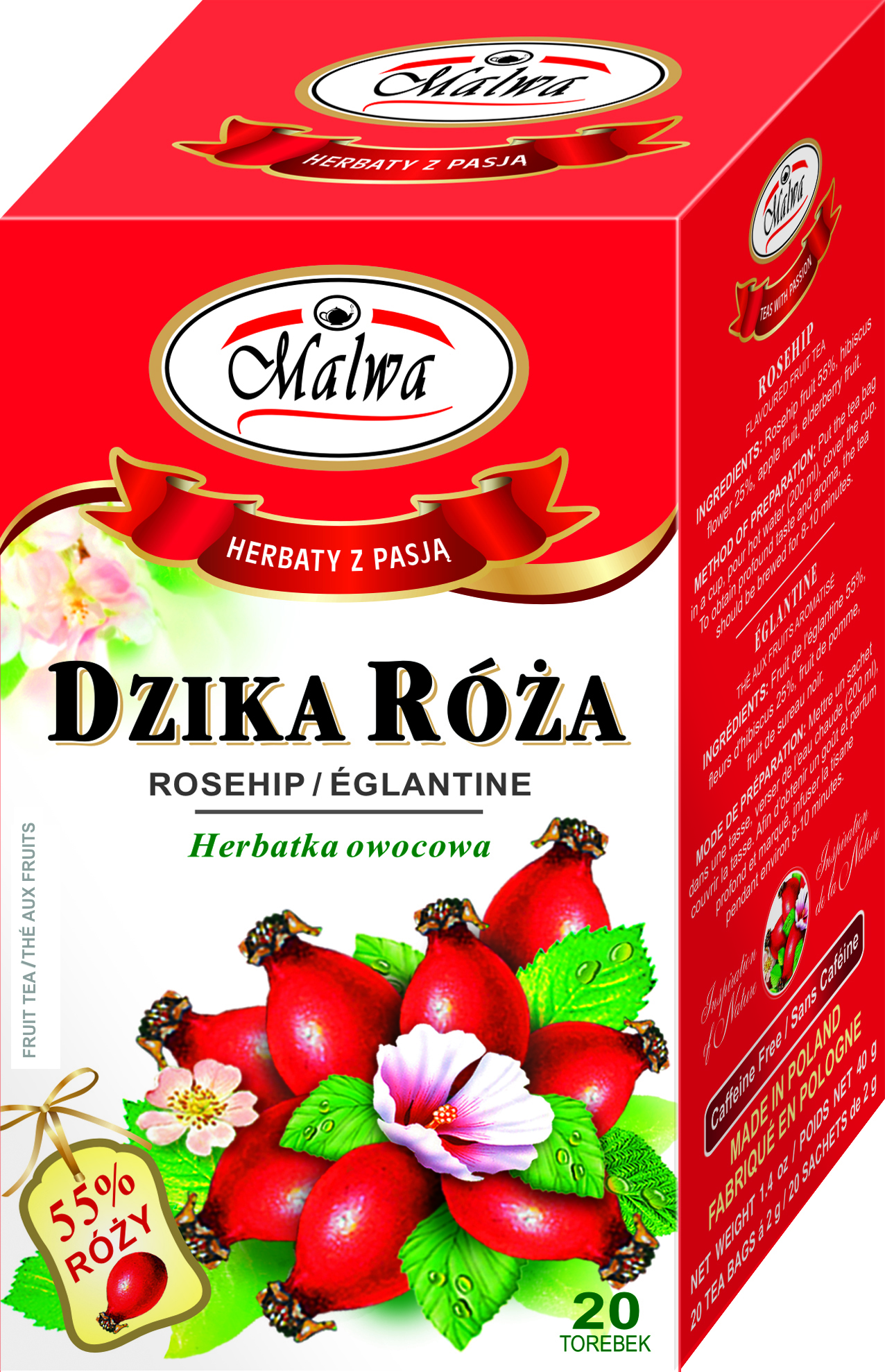 Malwa Herbata Owocowa Aromatyzowana Dzika Róża 20X2G