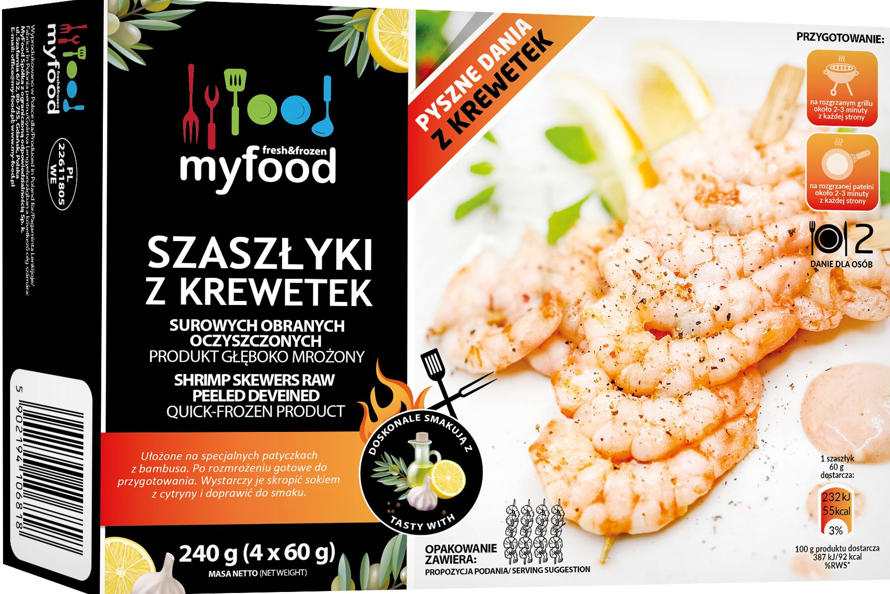 Myfood Szaszłyki Z Krewetek Surowych Obranych I Oczyszczonych Glazurowane, Z Wodą Dodaną, Produkt Głęboko Mrożony, 240 G