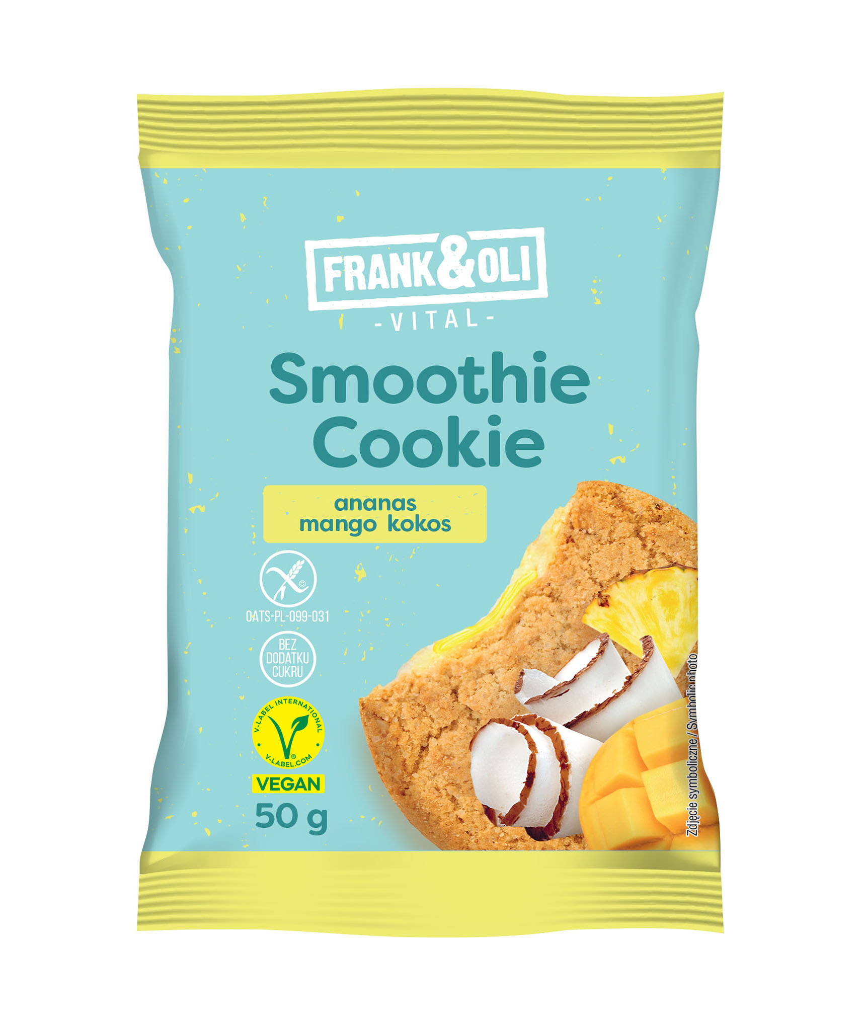 Frank & Oli Smoothie Cookie Ciastko Owsiane Z Nadzieniem Z Kokosa, Ananasa I Mango 50 G